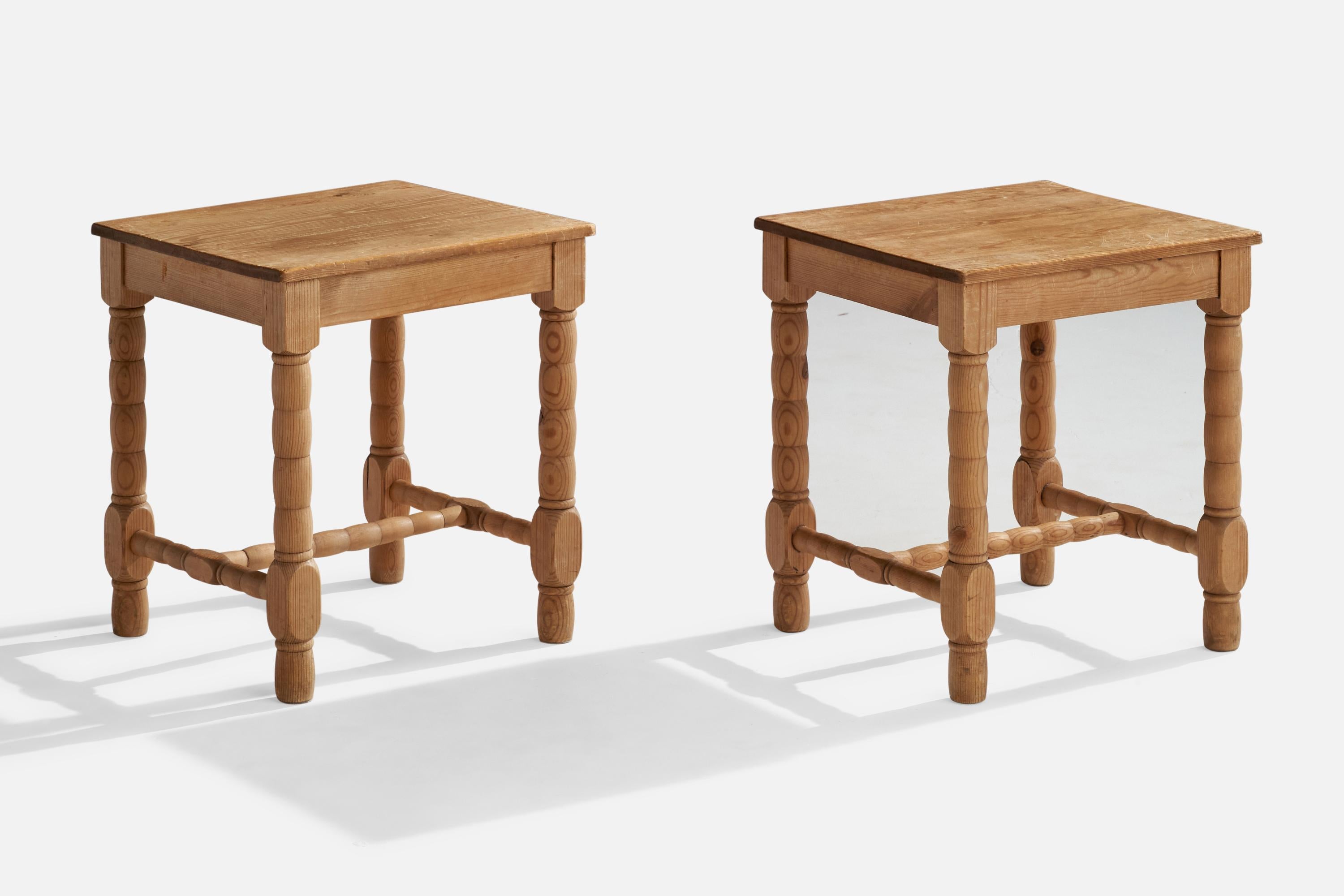 A pair of pine side tables designed and produced in Sweden, c. 1940s.