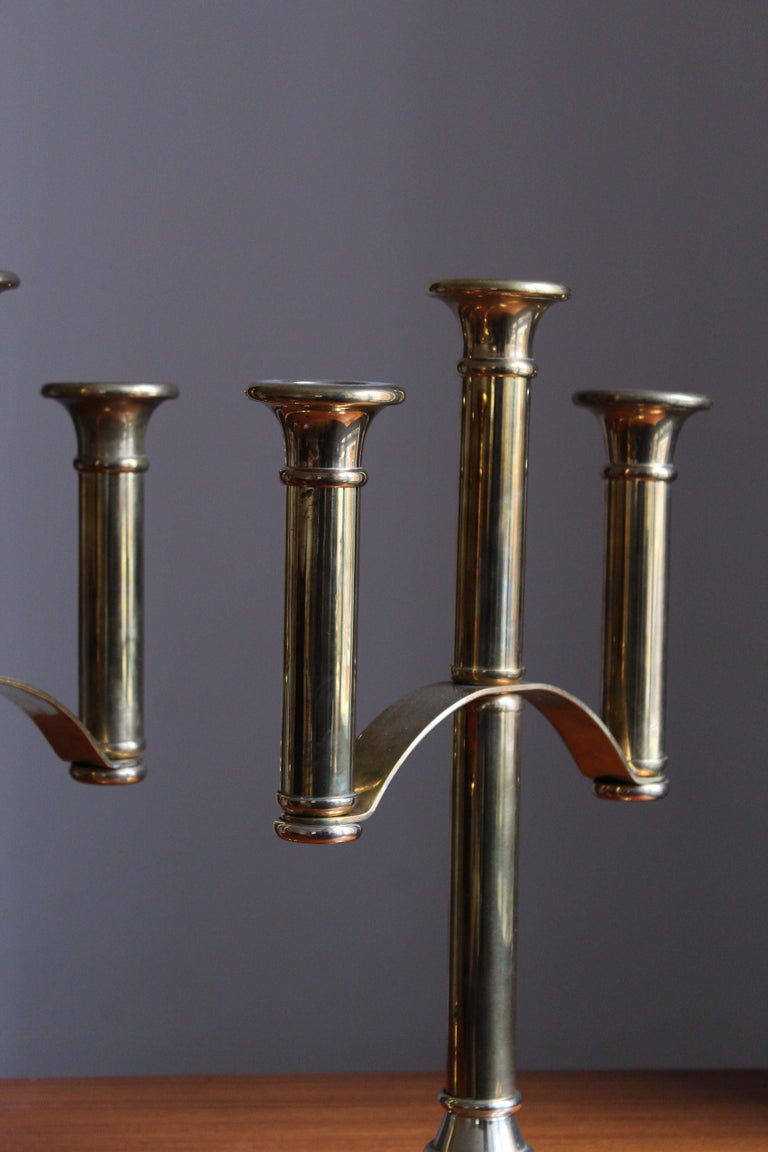 Mid-Century Modern Swedish Designer, Sizable Three-Armed Candelabras, Brass, Sweden, 1960s For Sale