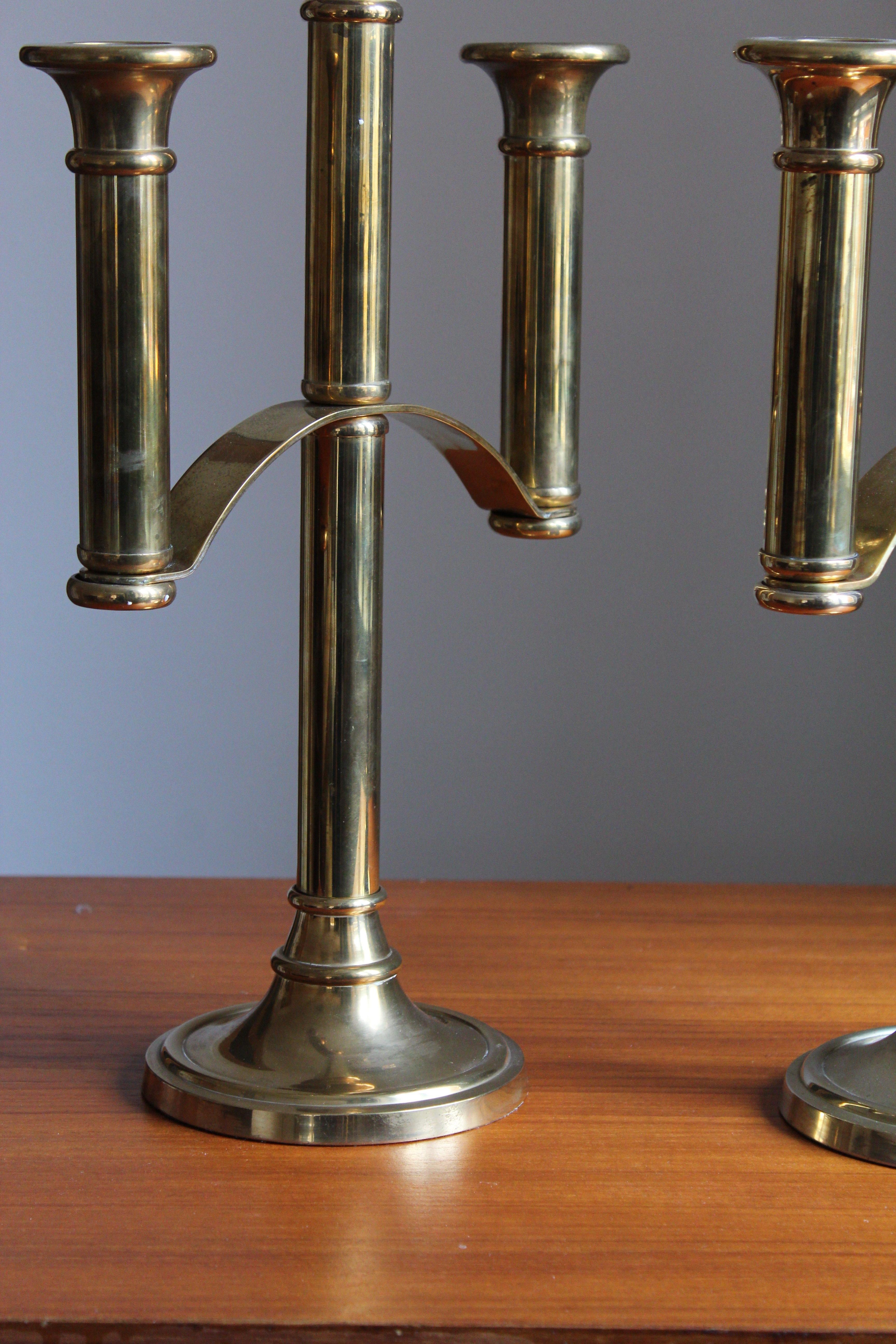 Swedish Designer, Sizable Three-Armed Candelabras, Brass, Sweden, 1960s In Good Condition For Sale In High Point, NC