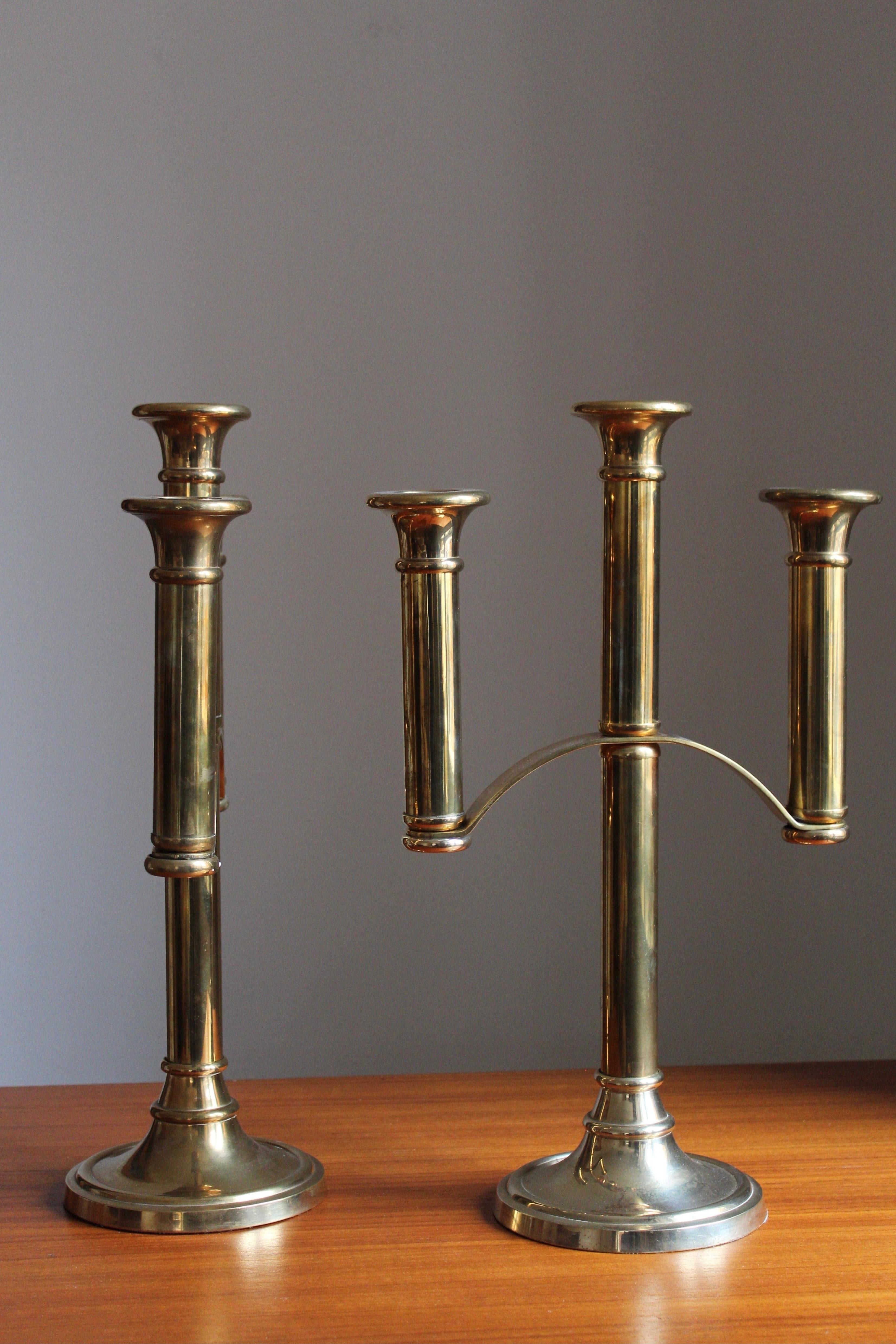 Mid-20th Century Swedish Designer, Sizable Three-Armed Candelabras, Brass, Sweden, 1960s For Sale