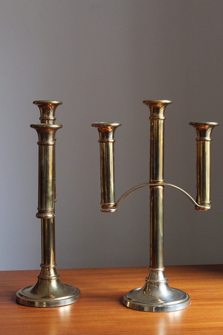 Mid-20th Century Swedish Designer, Sizable Three-Armed Candelabras, Brass, Sweden, 1960s For Sale