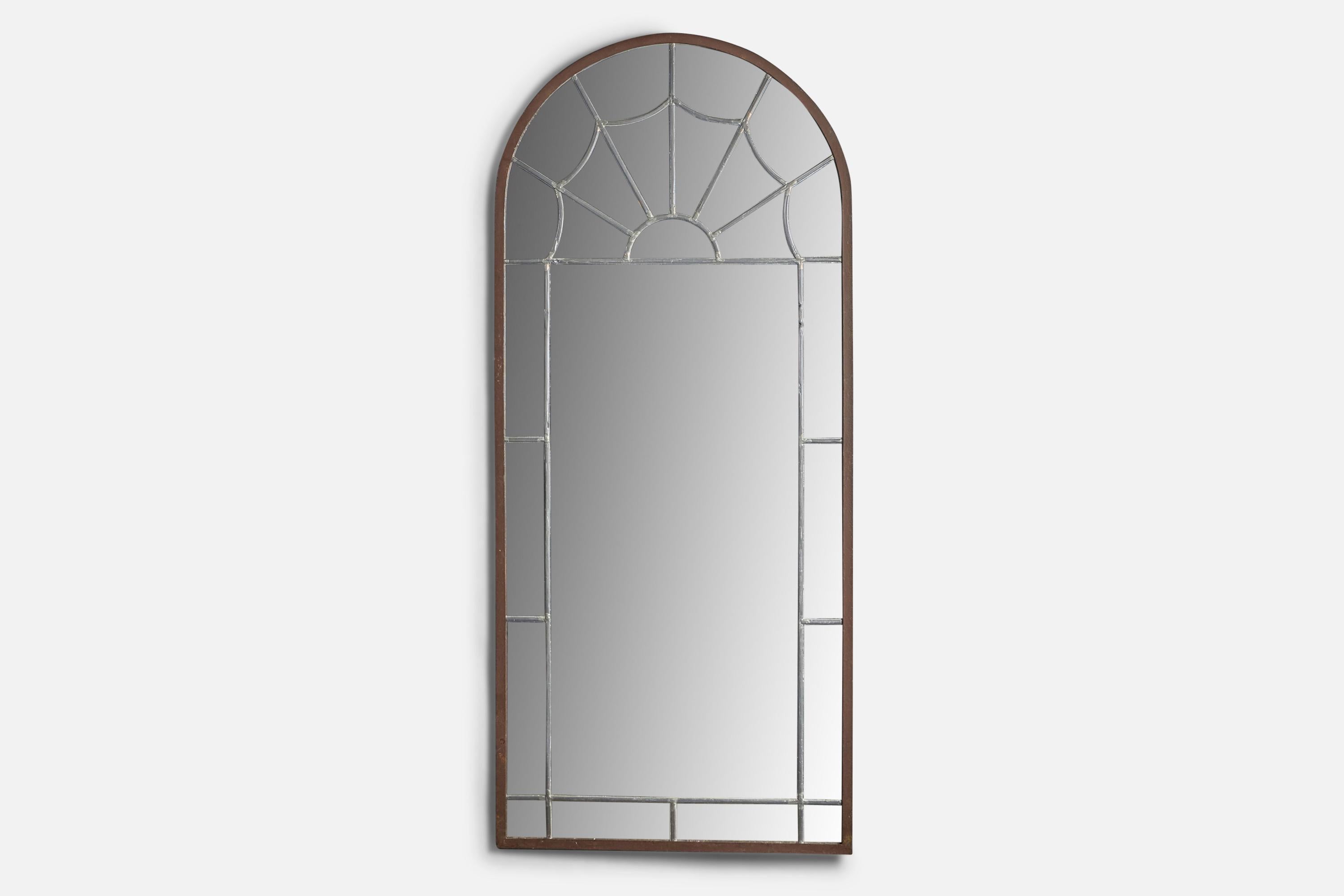 A sizeable copper and pewter wall mirror designed and produced in Sweden, c. 1940s.
