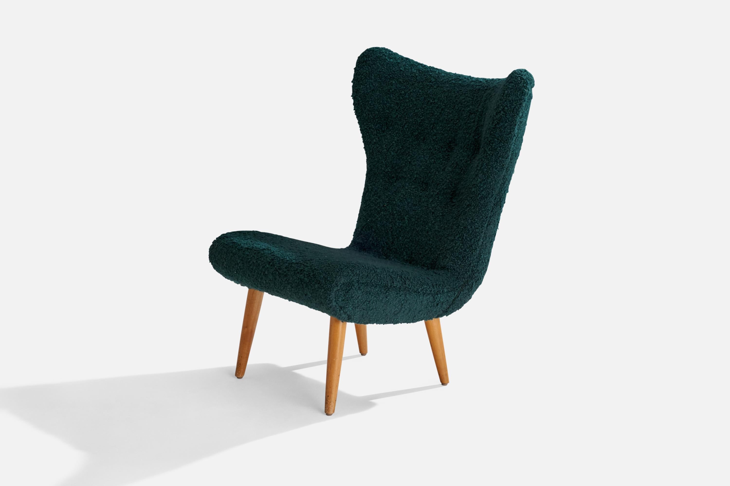 Schwedischer Designer, Sessel ohne Armlehne, Holz, Stoff, Schweden, 1950er Jahre im Zustand „Gut“ im Angebot in High Point, NC