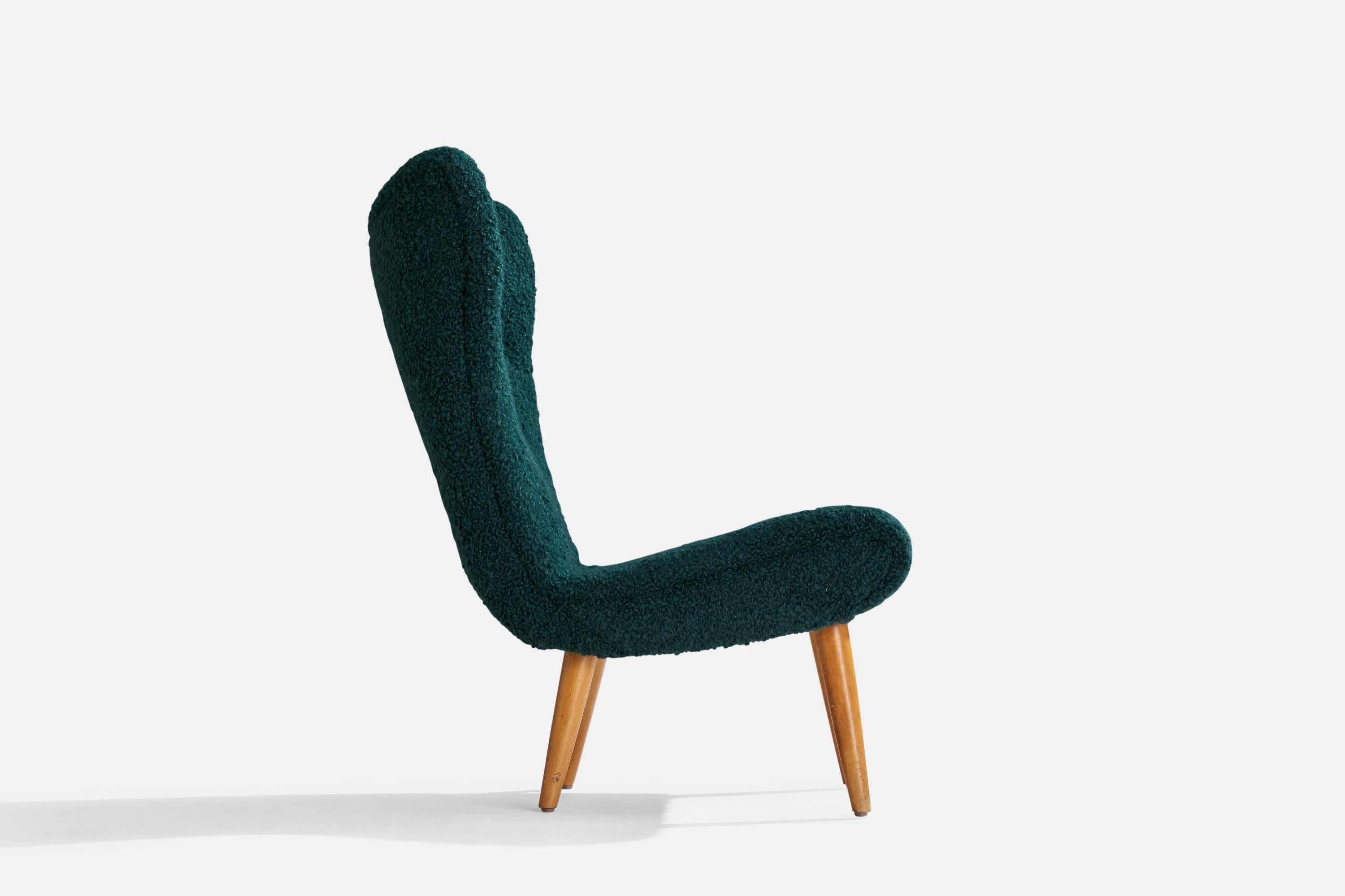 Swedish Designer, Slipper Chair, Wood, Fabric, Sweden, 1950s For Sale 1