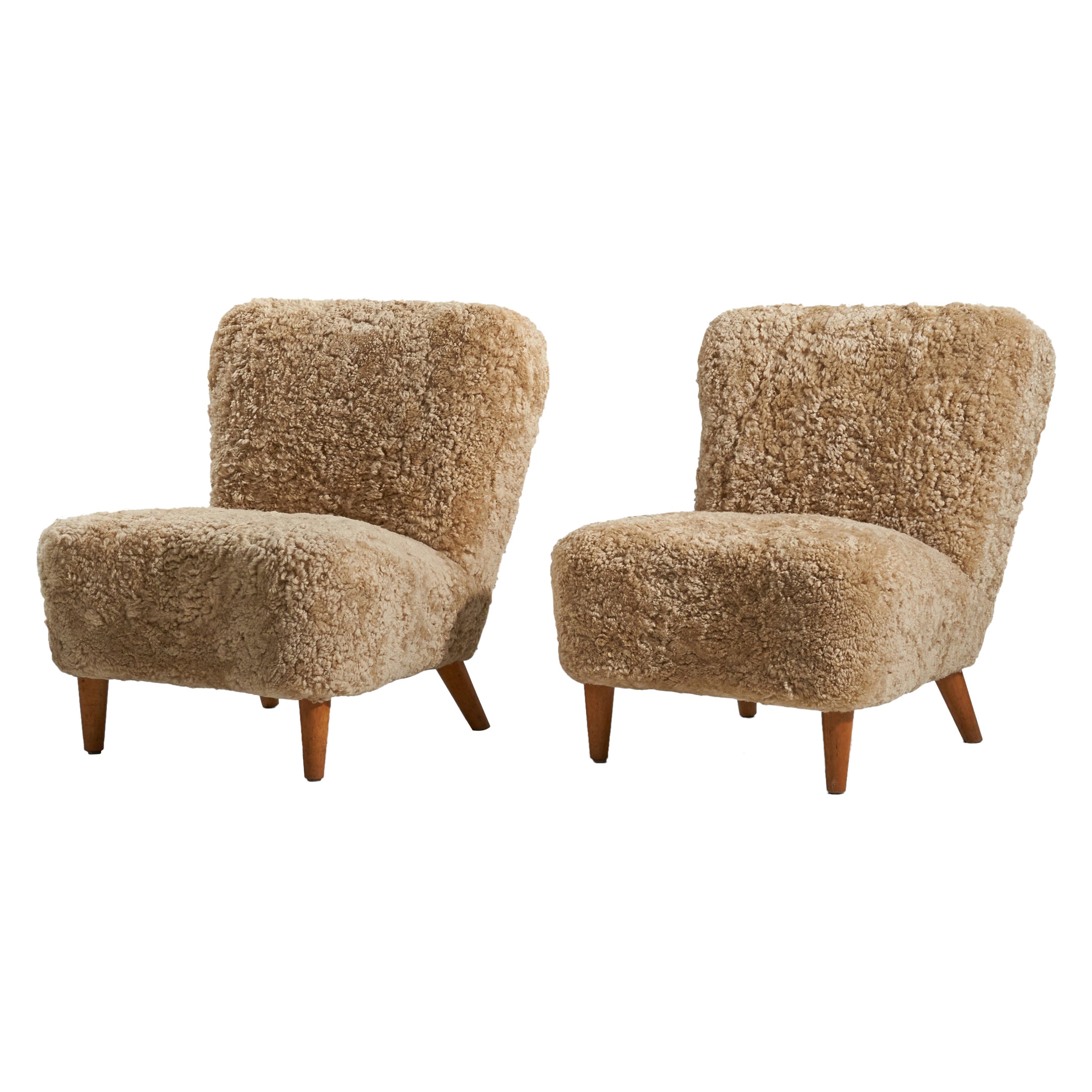Swedish Designer, Slipper Chairs, Sheepskin, Wood, Sweden, 1940s