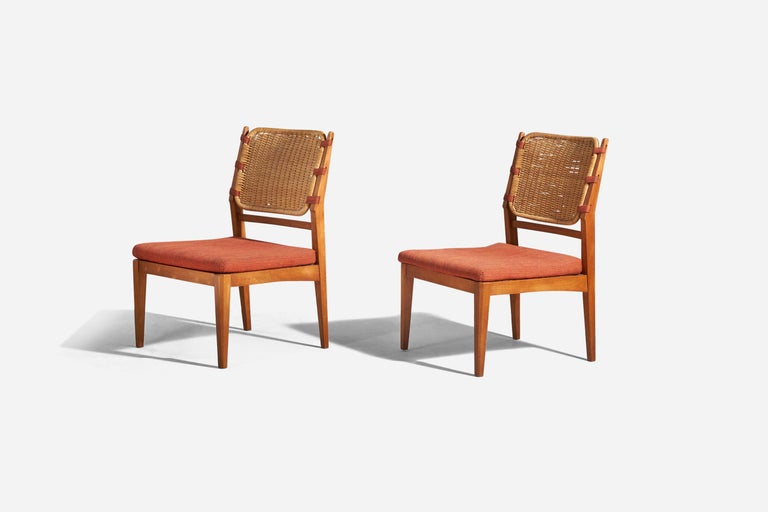 Mid-Century Modern Swedish Designer, Slipper Chairs, Stained Beech, Rattan, Fabric, Sweden, 1950s For Sale