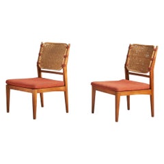 Swedish Designer, Slipper Chairs, Stained Beech, Rattan, Fabric, Sweden, 1950s