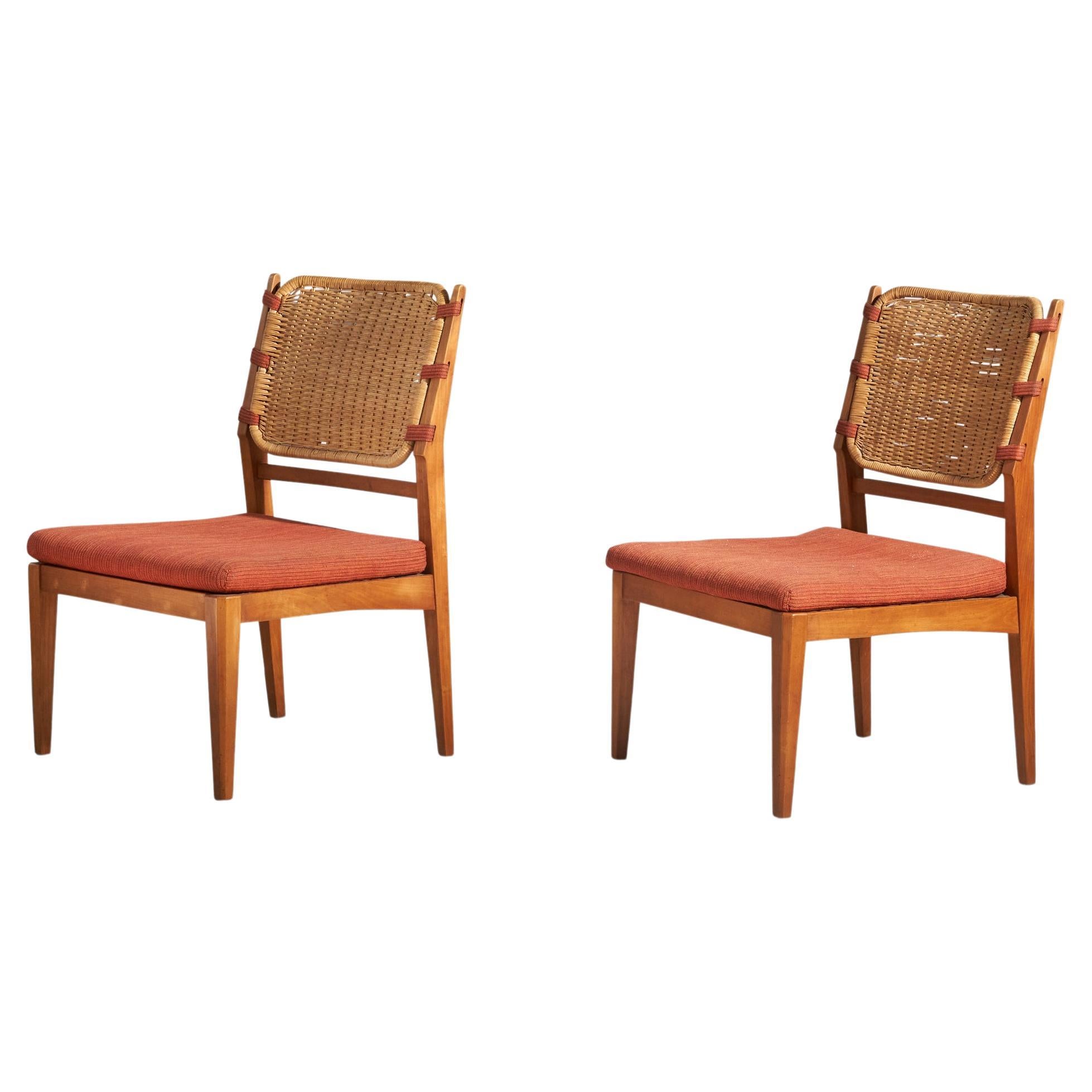 Swedish Designer, Slipper Chairs, Stained Beech, Rattan, Fabric, Sweden, 1950s For Sale