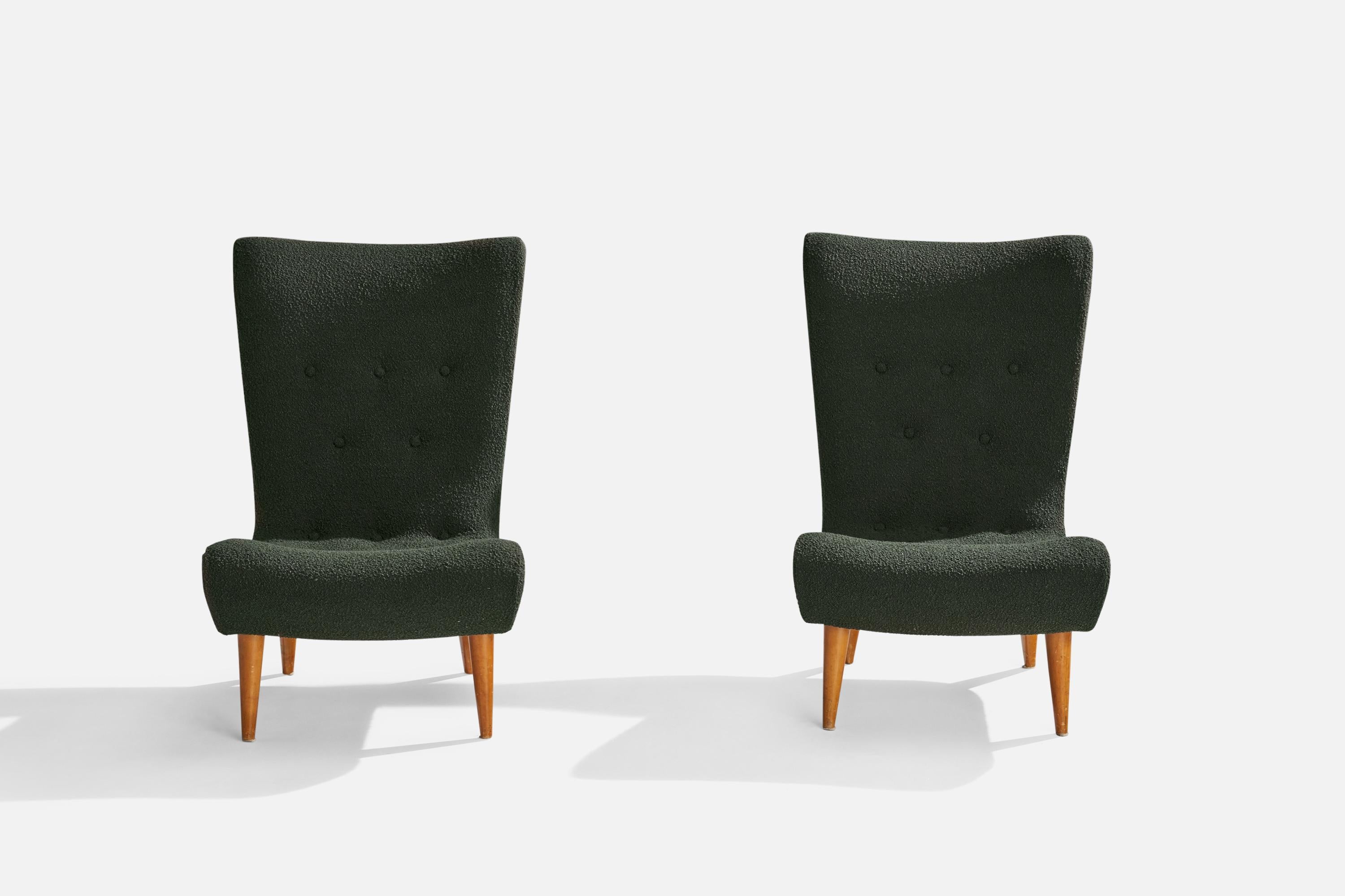 Mid-Century Modern Swedish Designer, Slipper Chairs, Wood, Fabric, Sweden, 1950s For Sale