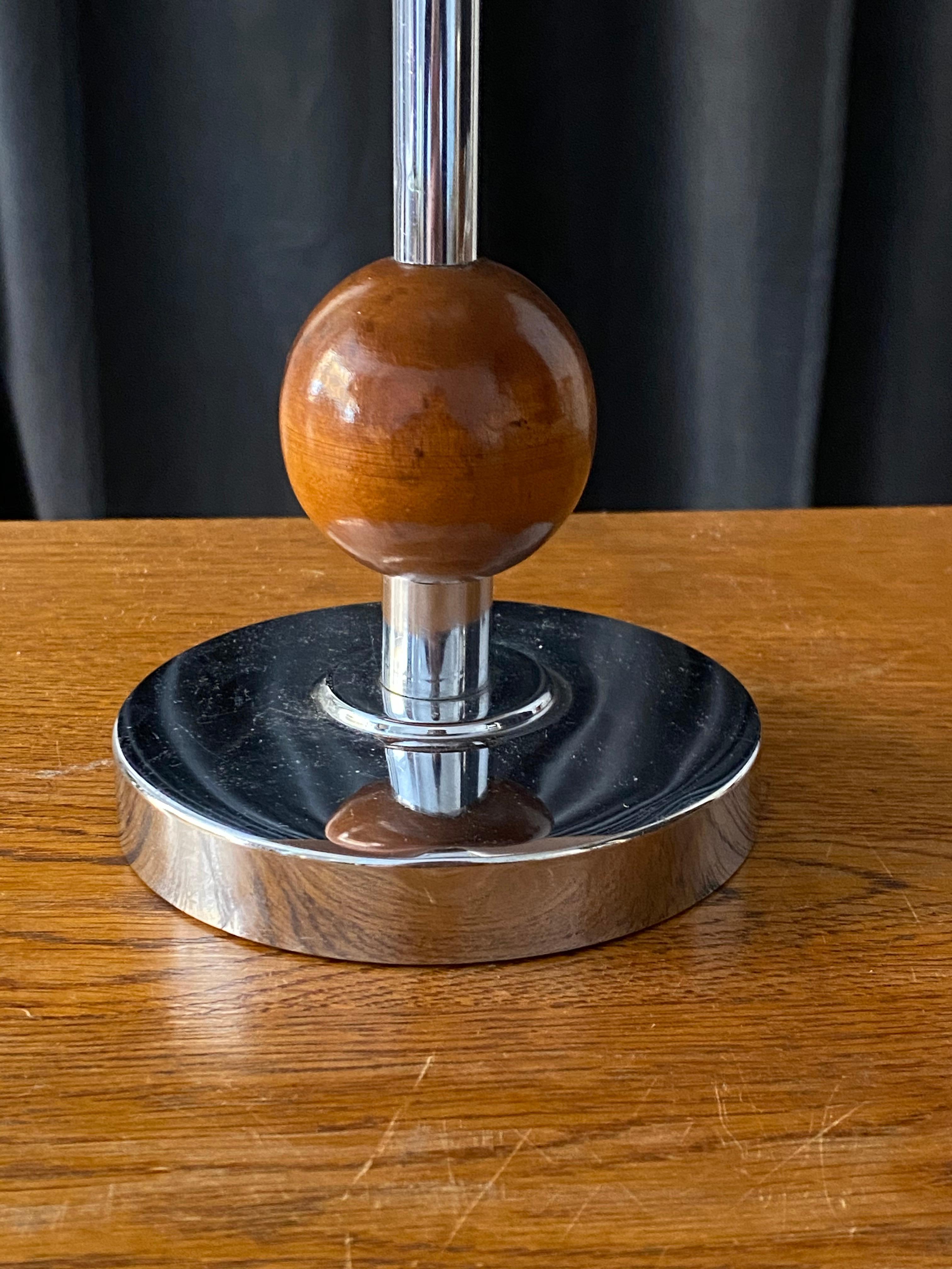 Steel Swedish Designer, Small Art Deco Table Lamp, Chromed Metal, Wood Sweden, 1930s