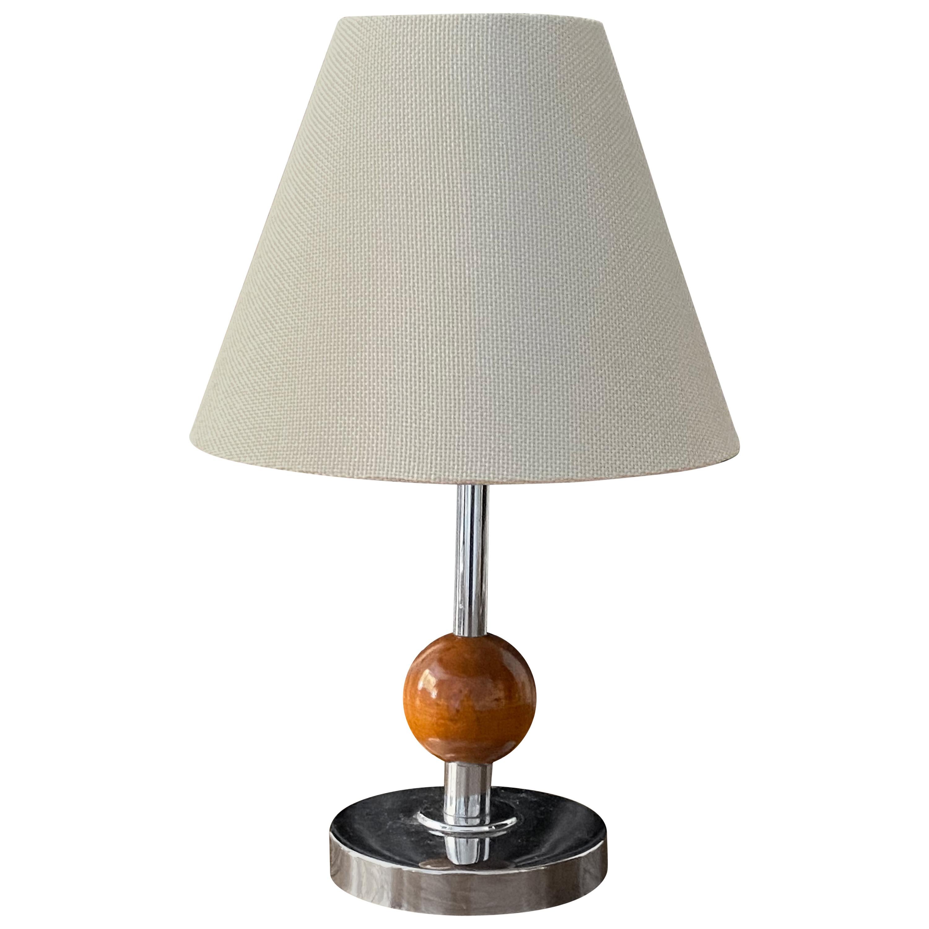 Swedish Designer, Small Art Deco Table Lamp, Chromed Metal, Wood Sweden, 1930s