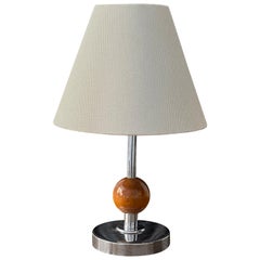 Swedish Designer, Small Art Deco Table Lamp, Chromed Metal, Wood Sweden, 1930s