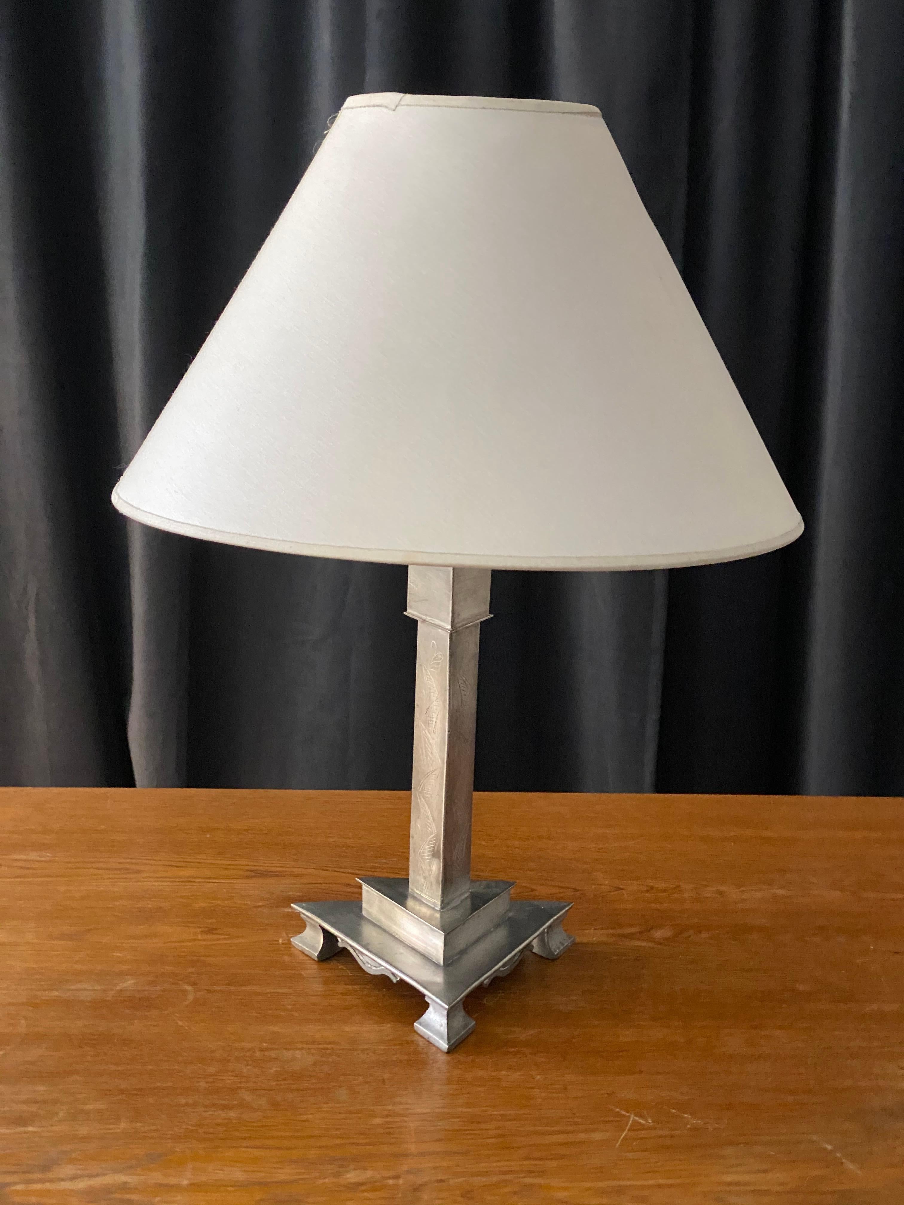 A small table lamp, designed and produced in Sweden, 1930s. With lively original patina. Lampshade mounted on bulb-clip not included. 

Other designers of the period include Josef Frank, Estrid Ericsson, Just Andersen, and Kaare Klint.
 