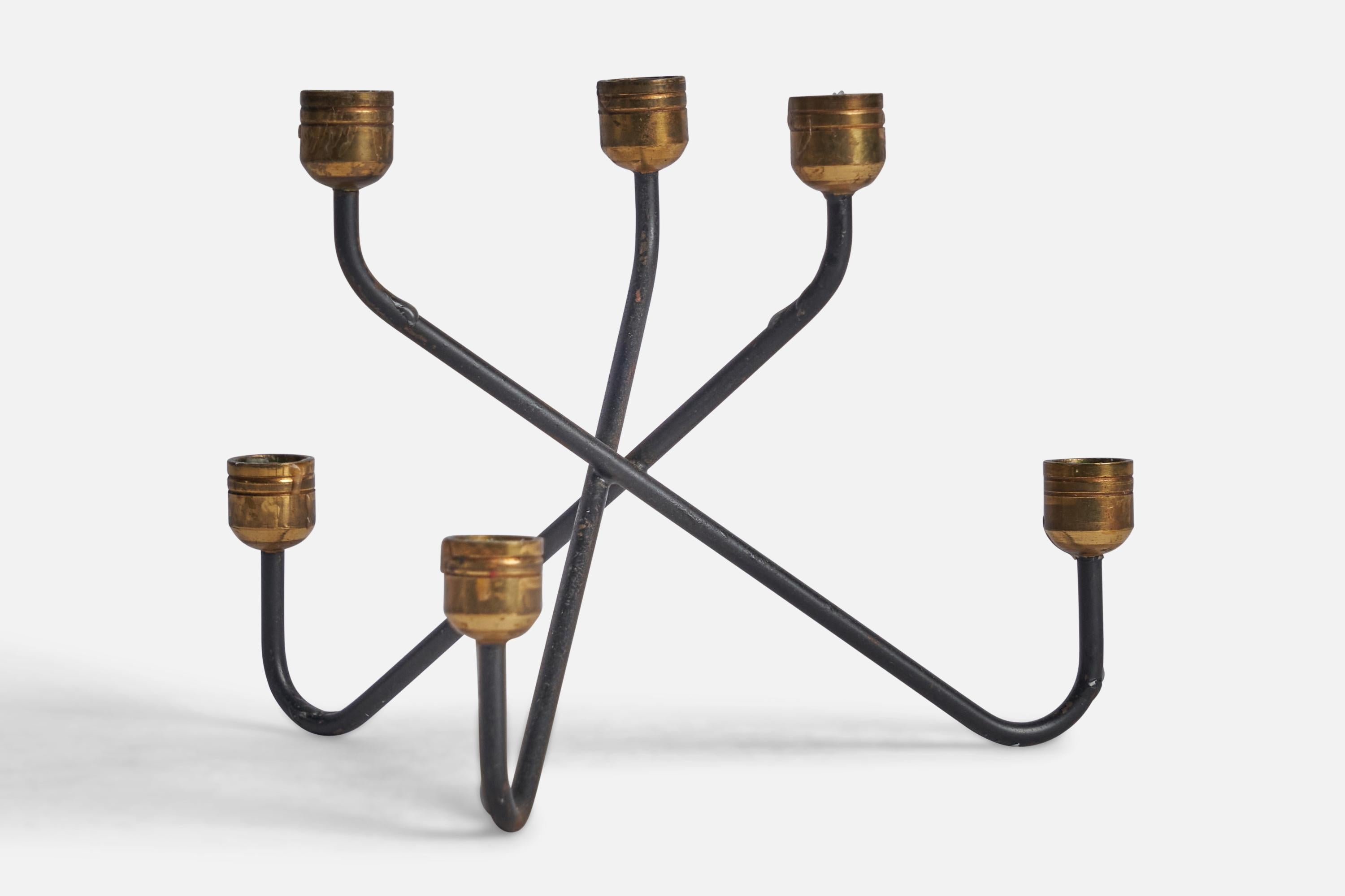 A small brass and black-lacquered metal candelabra designed and produced in Sweden, 1930s.

Holds 0.45” candles