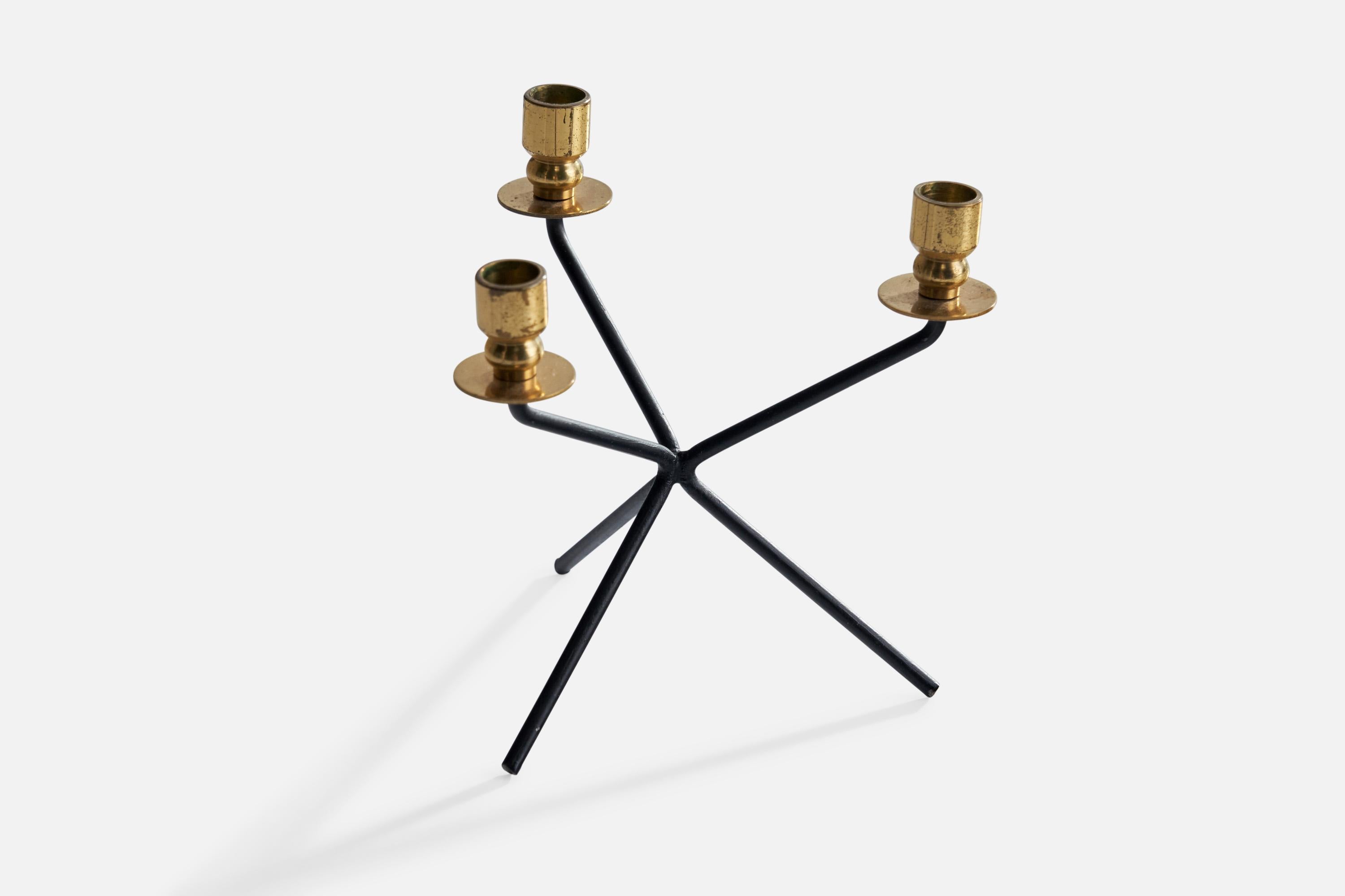 A small brass and black-painted metal chandelier designed and produced in Sweden, c. 1940s.

Uses .4” candles.