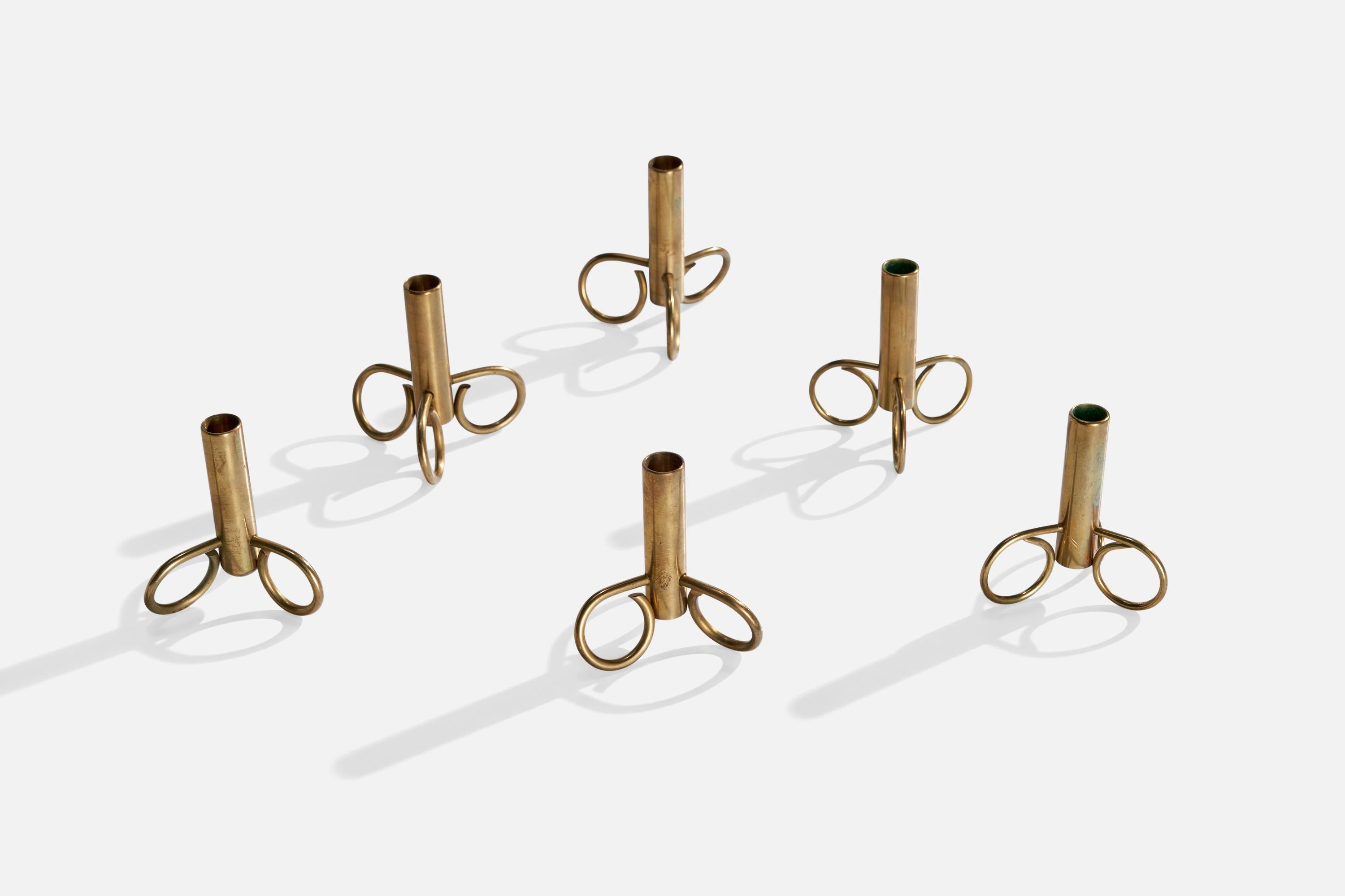 A set of six small candleholders designed and produced in Sweden, c. 1940s.

*some faint scratches, overall good vintage condition

Dimensions: 2.875” H x 2.5” diameter

Holds .45” diameter candles