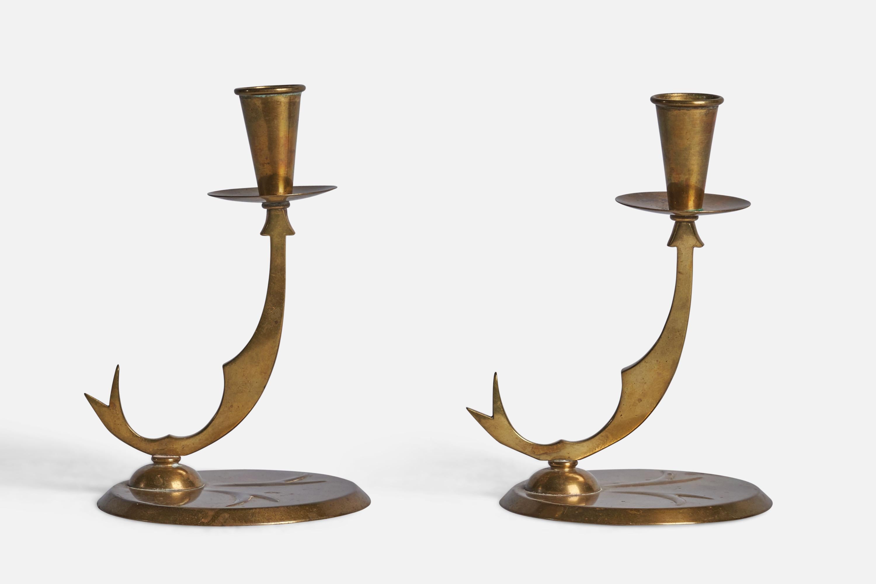 Swedish Designer, Small Candlesticks, Brass, Sweden, 1940s In Good Condition For Sale In High Point, NC