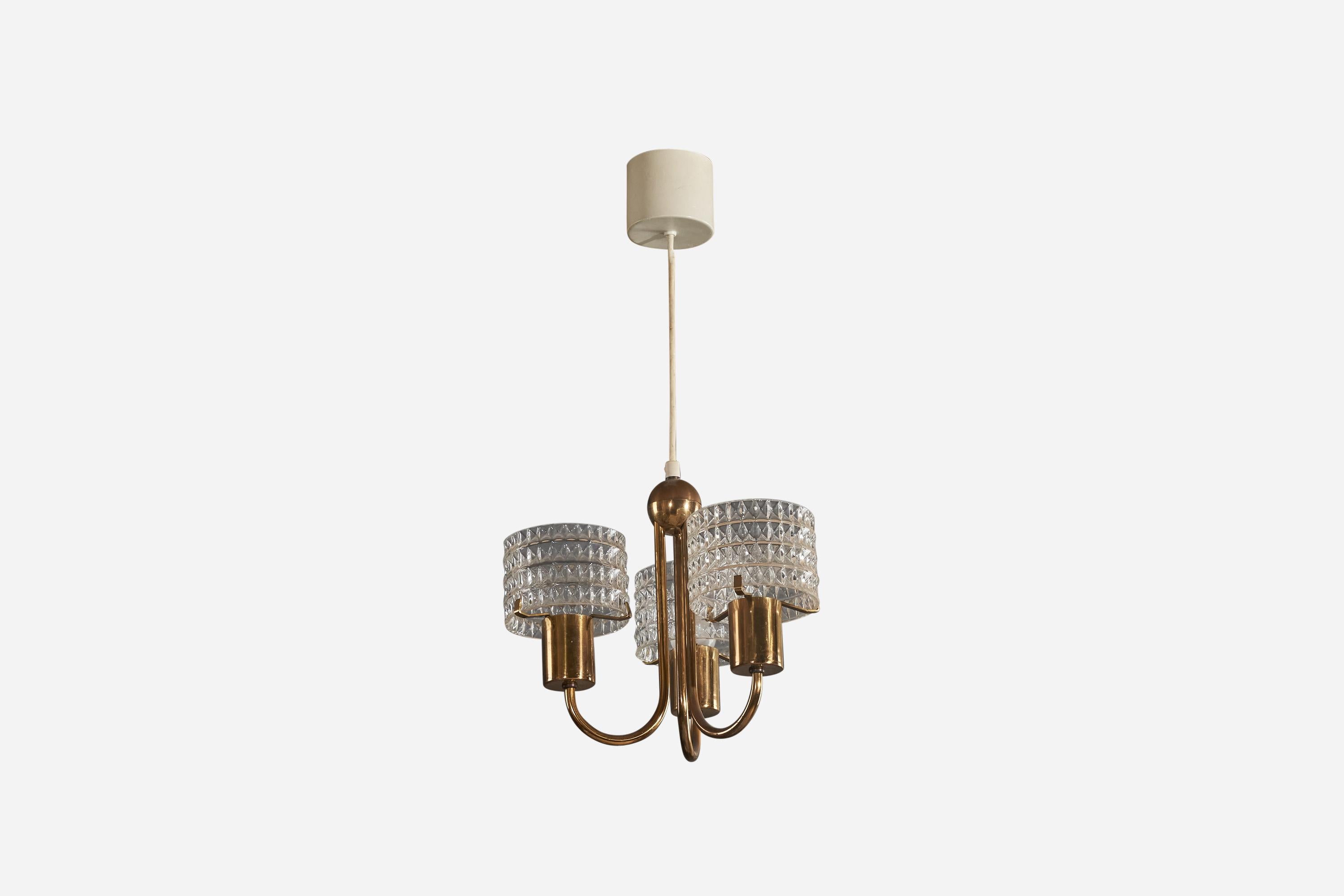 A brass and glass, three-armed chandelier designed and produced in Sweden, 1940s. 

Canopy Dimensions (inches): 2.75 x 3.31 x 3.31 (H x W x D).