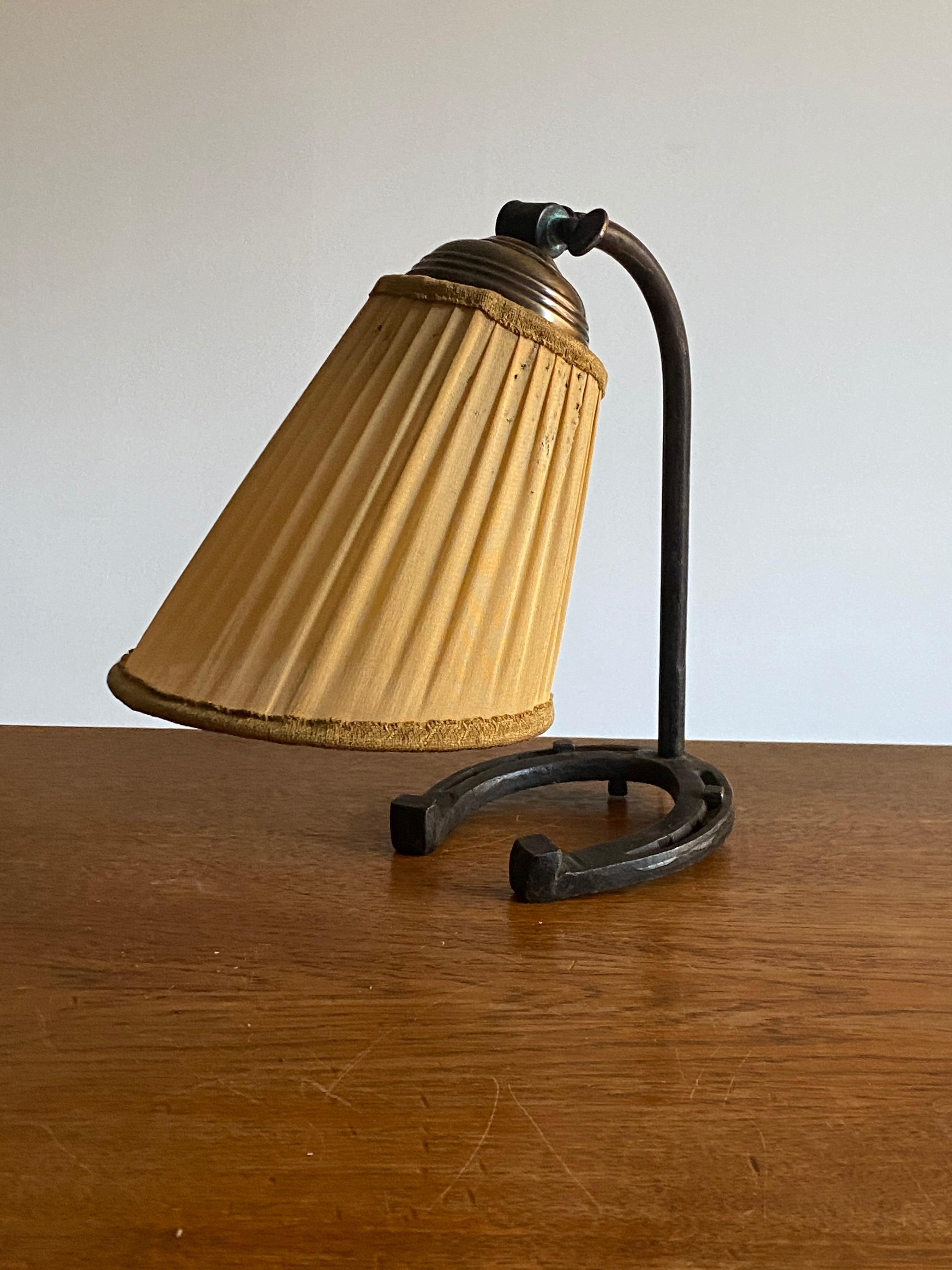 Scandinavian Modern Swedish Designer, Small Desk Lamp, Cast Iron, Brass, Fabric, Sweden, 1940s