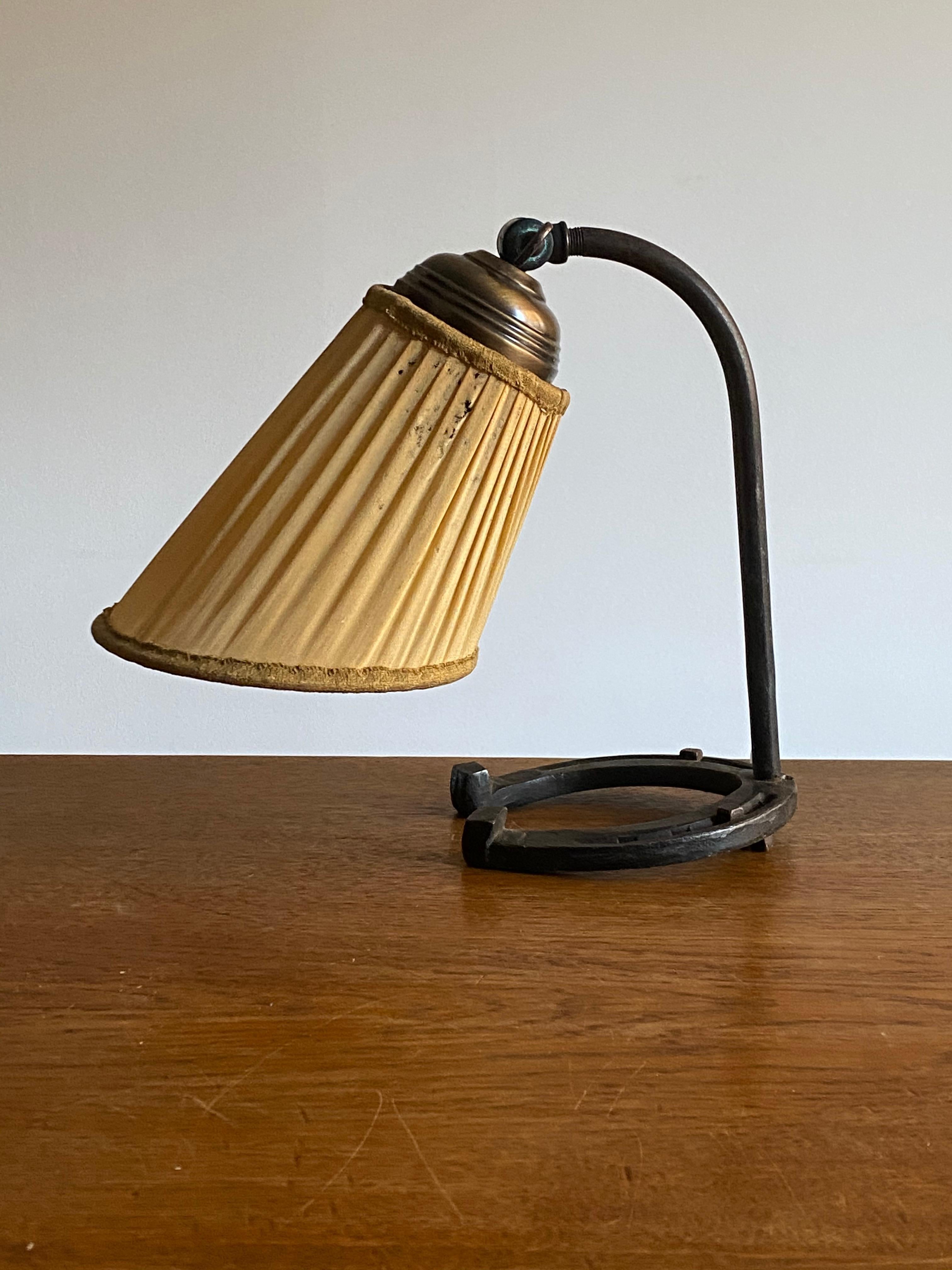 Swedish Designer, Small Desk Lamp, Cast Iron, Brass, Fabric, Sweden, 1940s In Fair Condition In High Point, NC