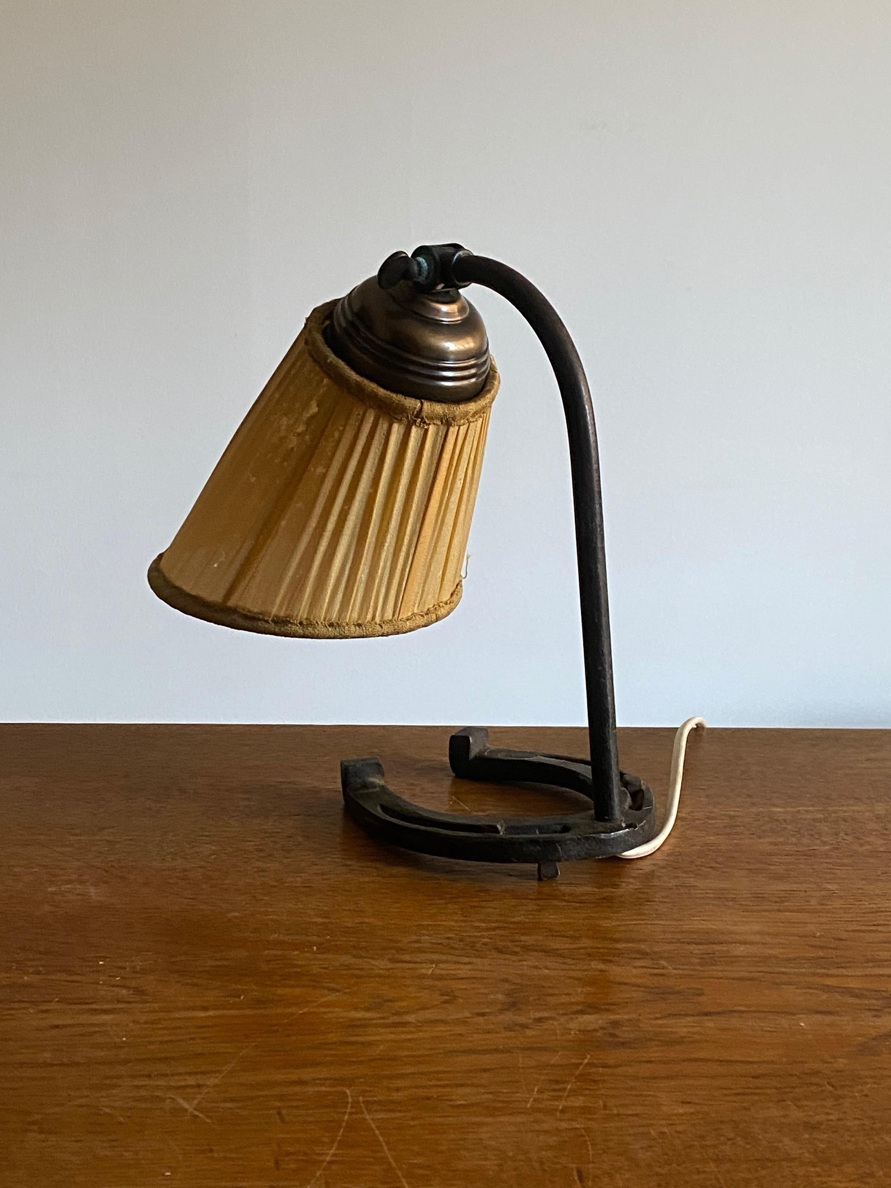 Mid-20th Century Swedish Designer, Small Desk Lamp, Cast Iron, Brass, Fabric, Sweden, 1940s