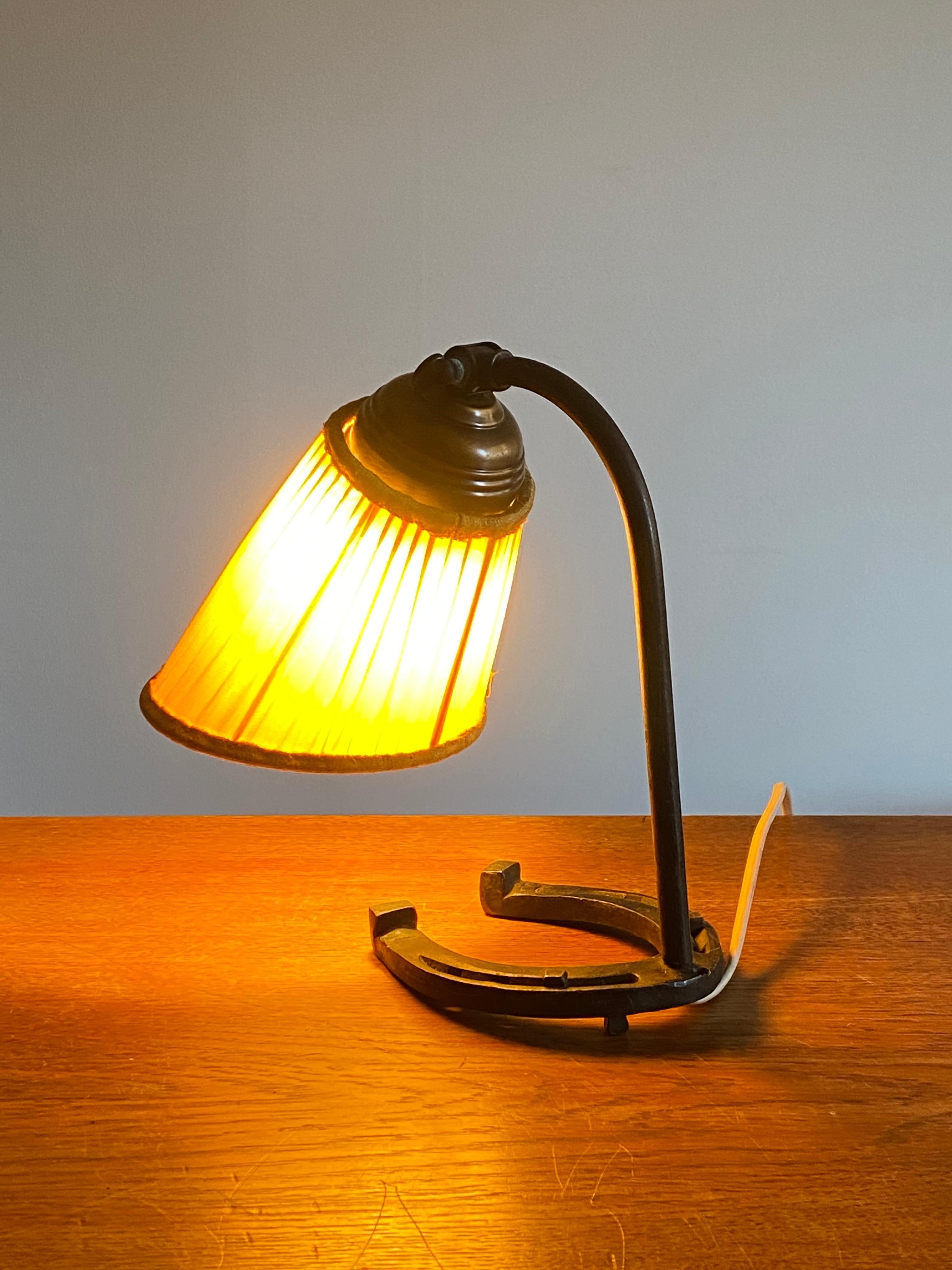 Swedish Designer, Small Desk Lamp, Cast Iron, Brass, Fabric, Sweden, 1940s 1