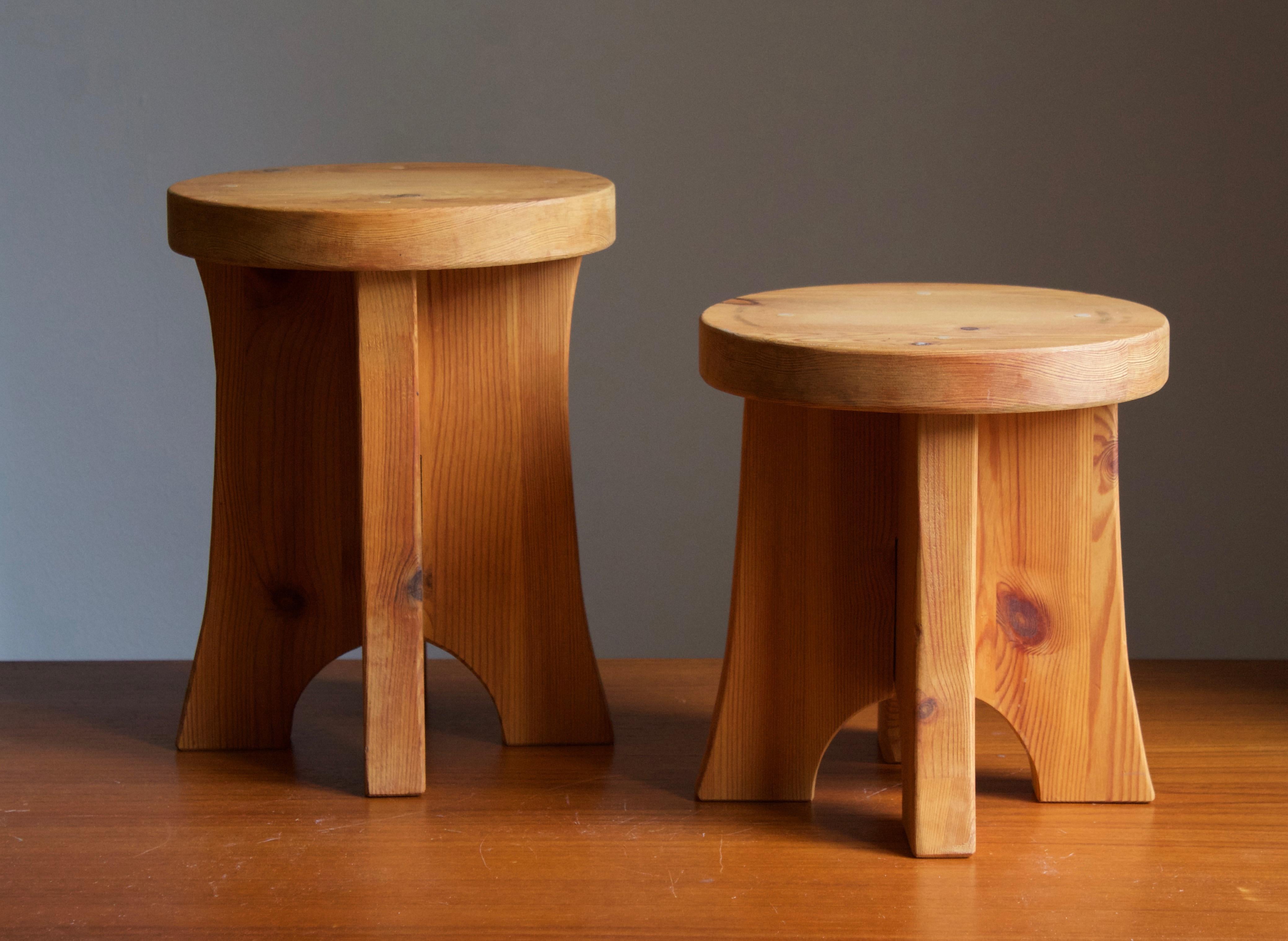 Two Swedish pinewood stools. By unknown designer, c. 1970s. Features simple form and pure expression.





