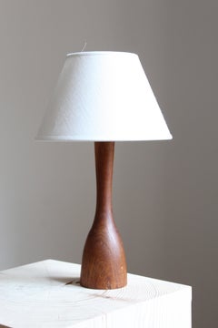 Swedish Designer, Small Minimalist Table Lamp, Solid Teak, Fabric, Sweden, 1960s