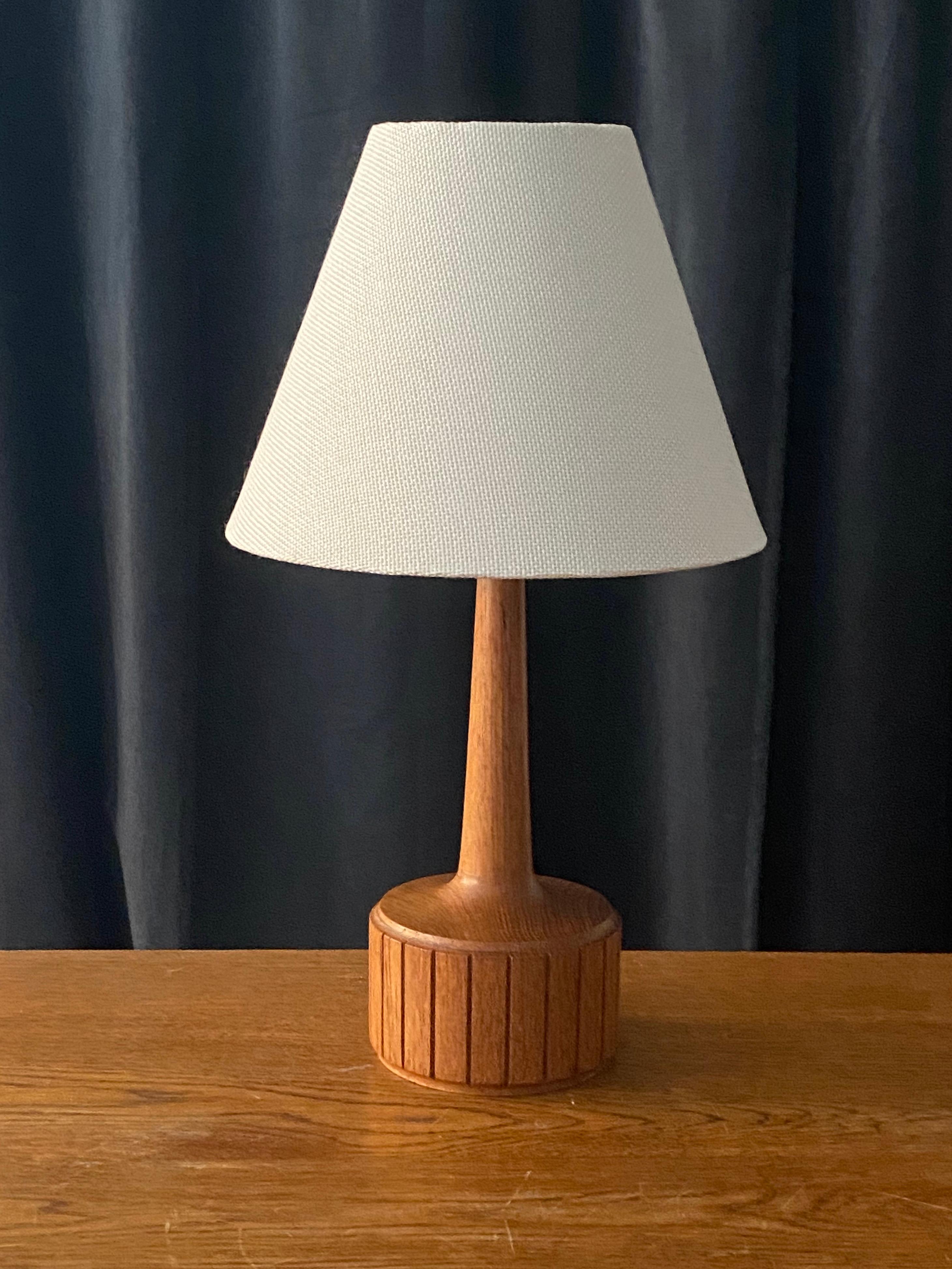 A small Mid-Century Modernist table lamp / desk light. In solid carved and finely sculpted teak. Lampshade on bulb-clip is not included in purchase.

 