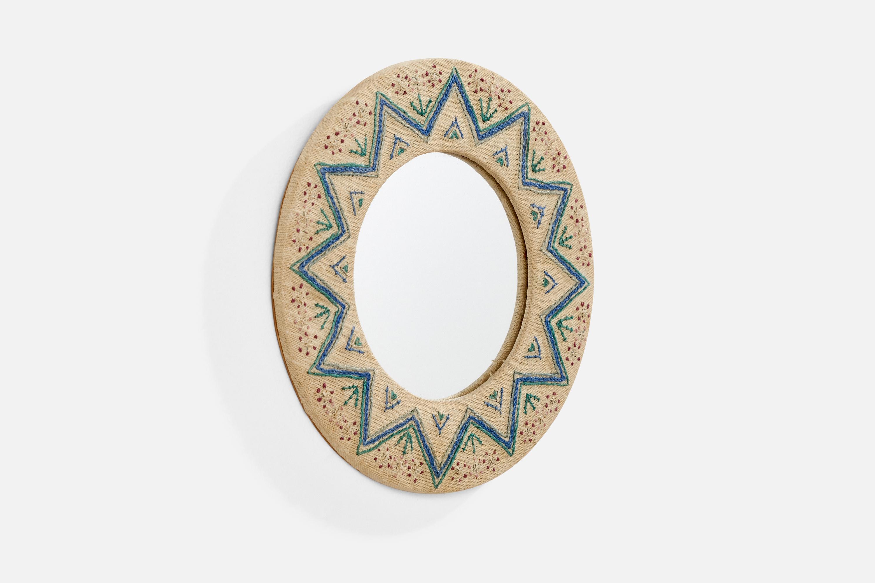 Post-Modern Swedish Designer, Small Mirror, Embroidery Fabric, Sweden, 1970s For Sale