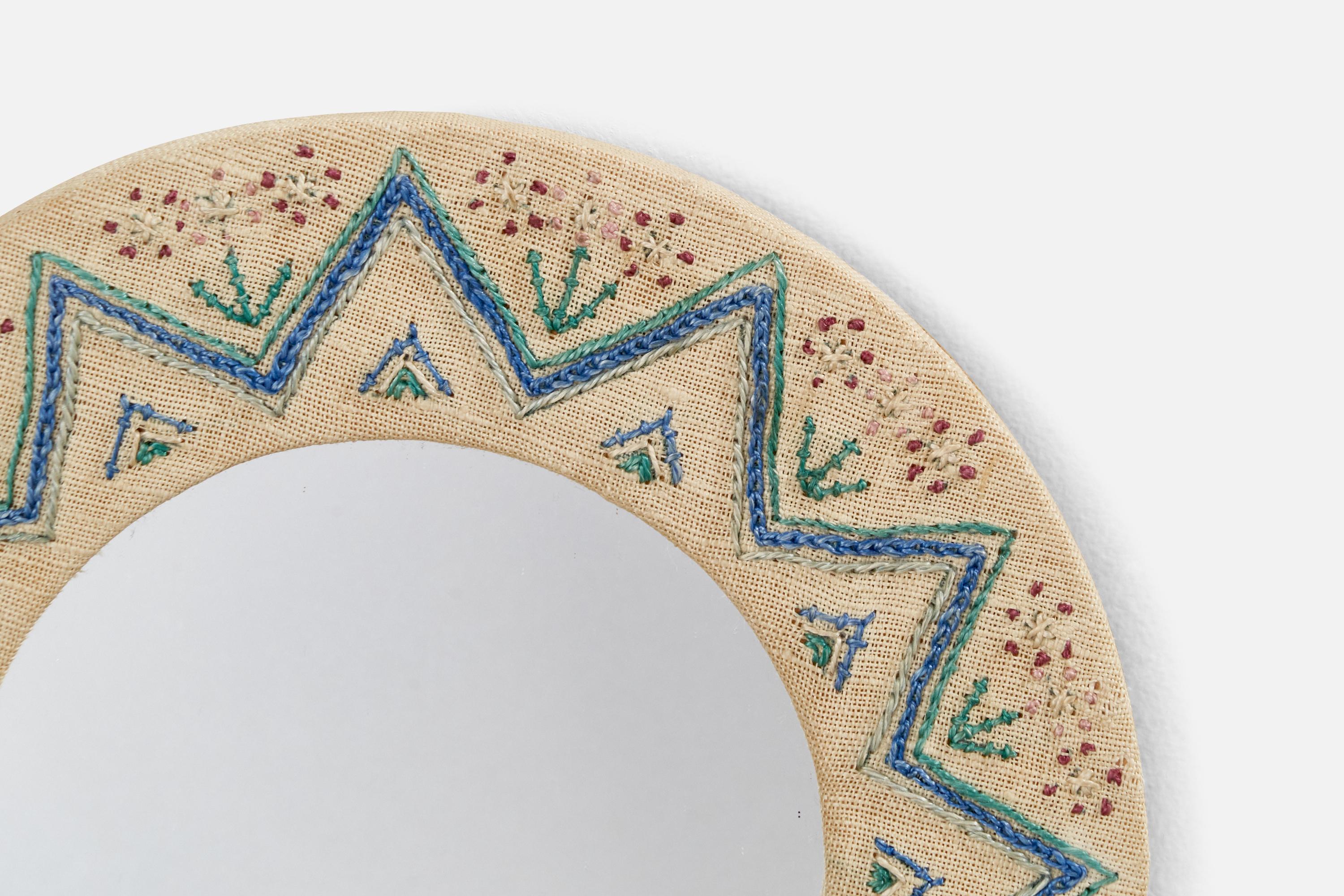 Swedish Designer, Small Mirror, Embroidery Fabric, Sweden, 1970s In Good Condition For Sale In High Point, NC