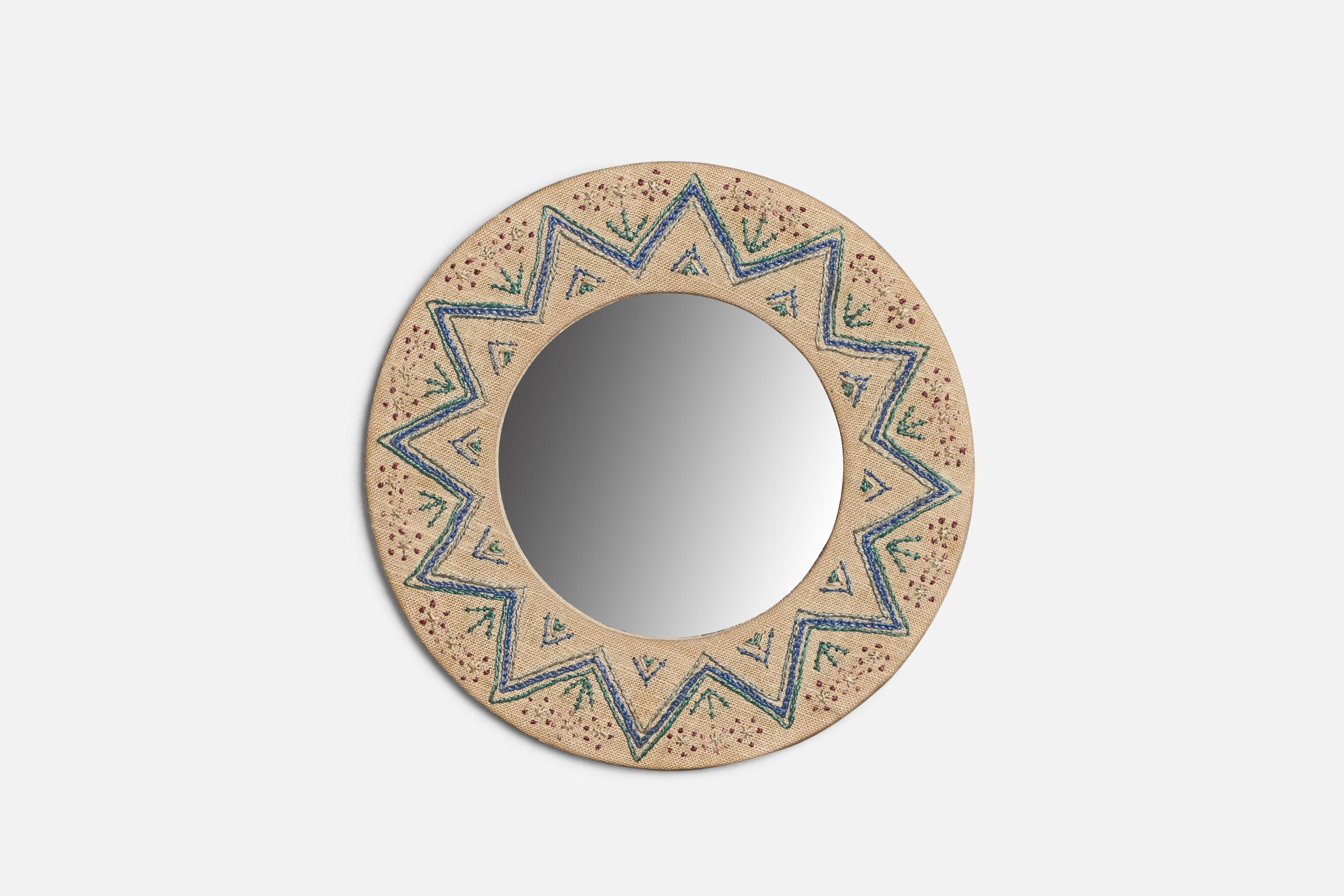 Late 20th Century Swedish Designer, Small Mirror, Embroidery Fabric, Sweden, 1970s For Sale