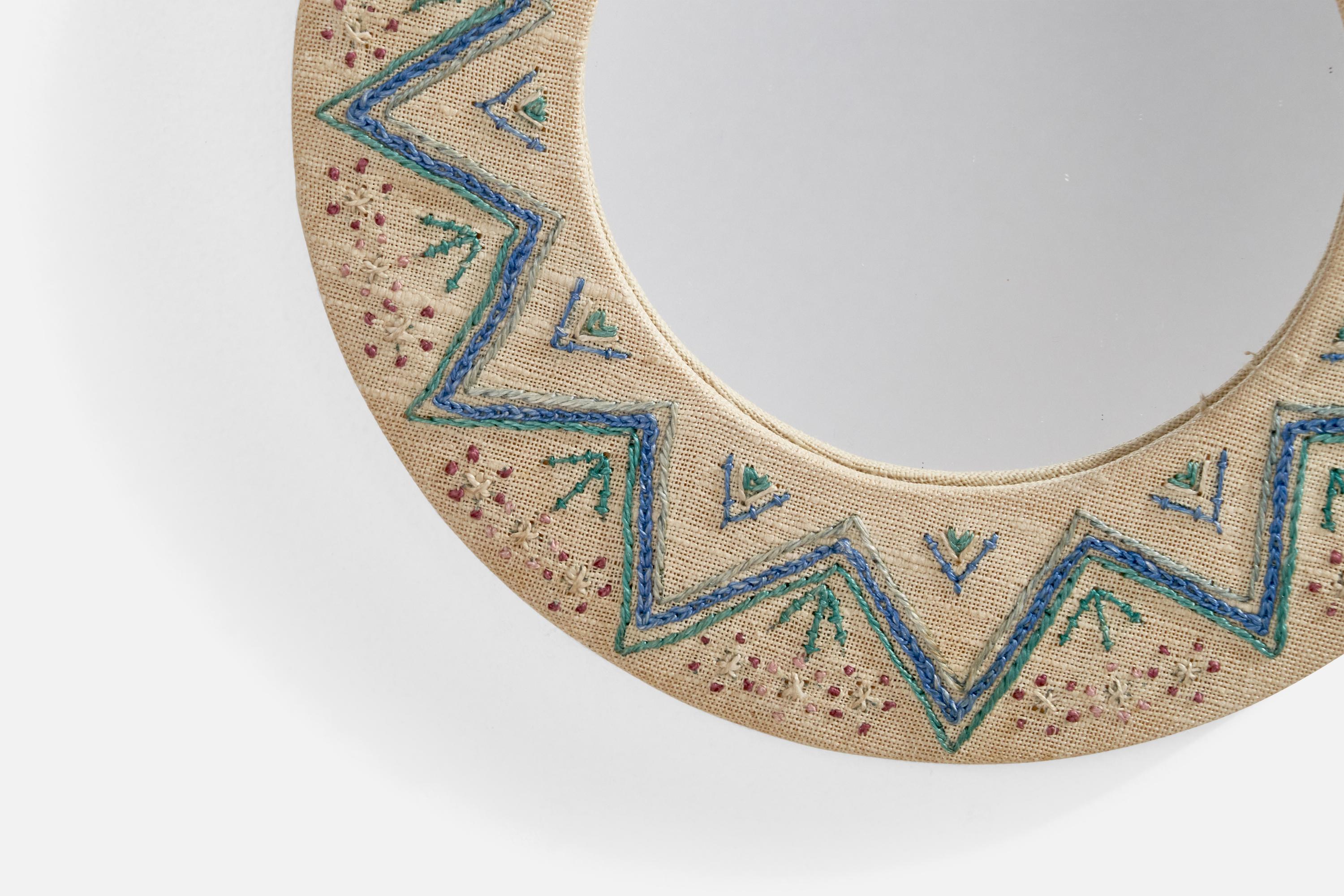 Late 20th Century Swedish Designer, Small Mirror, Embroidery Fabric, Sweden, 1970s For Sale