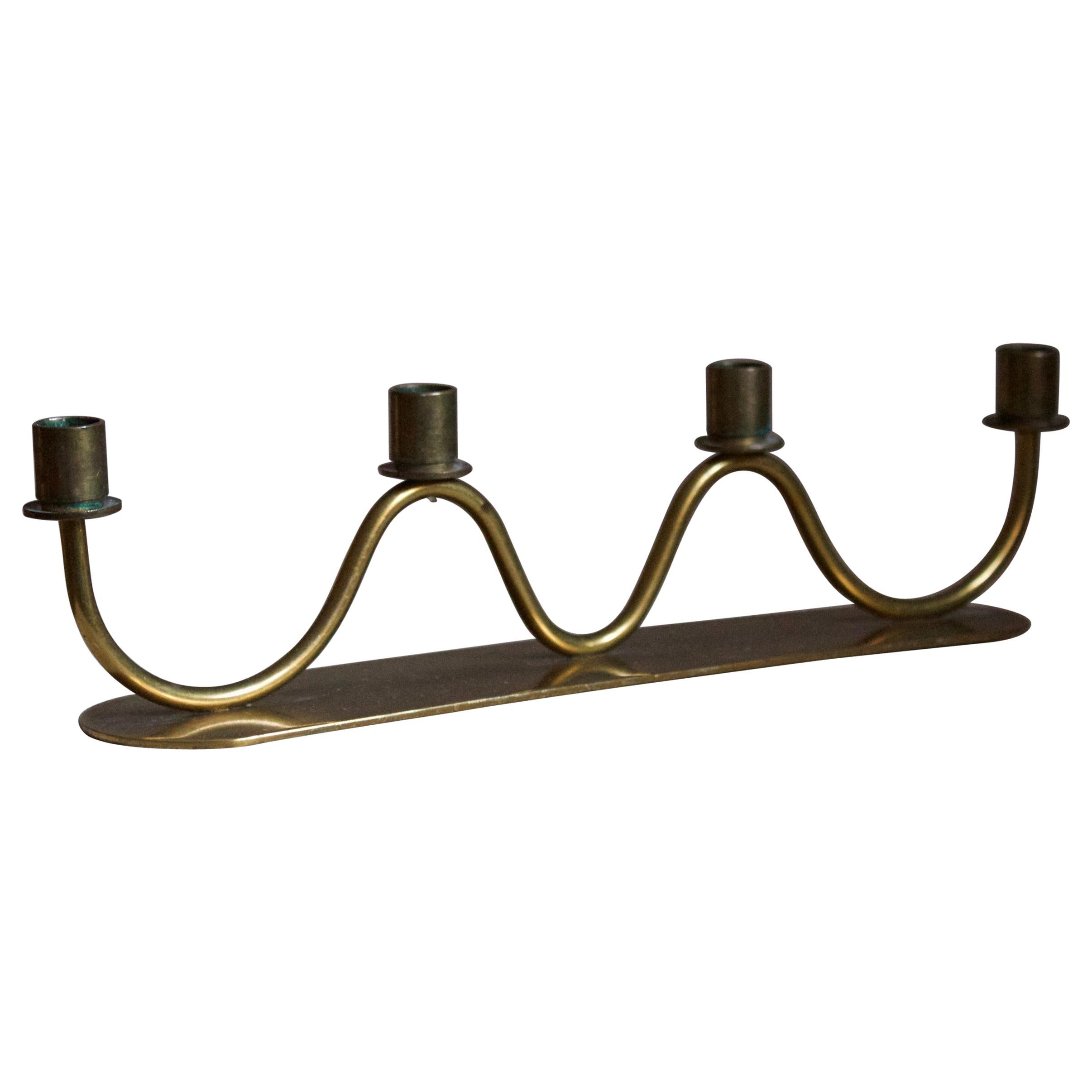 Swedish Designer, Small Organic Candelabra, Brass, Sweden, 1950s