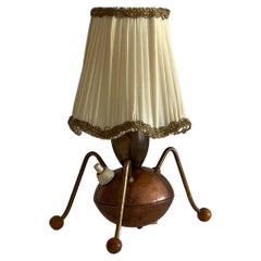 Swedish Designer, Small Table Lamp, Copper, Brass, Wood, Fabric, Sweden, 1940s