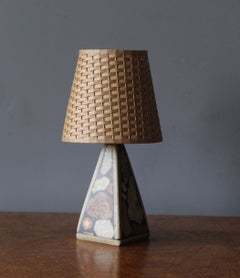 Swedish Designer, Small Table Lamp, Fossil Stone, Rattan, Sweden, 1970s