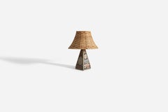 Swedish Designer, Small Table Lamp, Fossil Stone, Rattan, Sweden, 1970s
