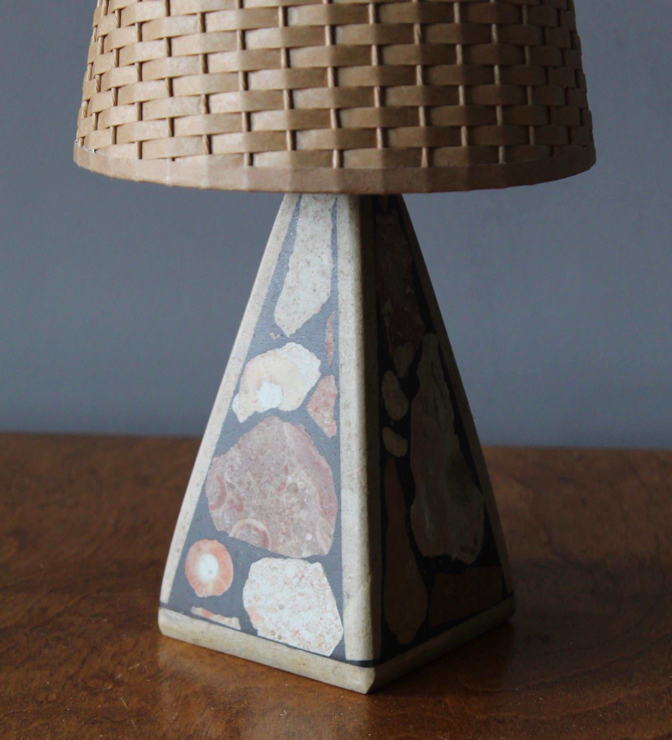 Swedish Designer, Small Table Lamp, Fossil Stone, Rattan, Sweden, 1970s In Good Condition In High Point, NC