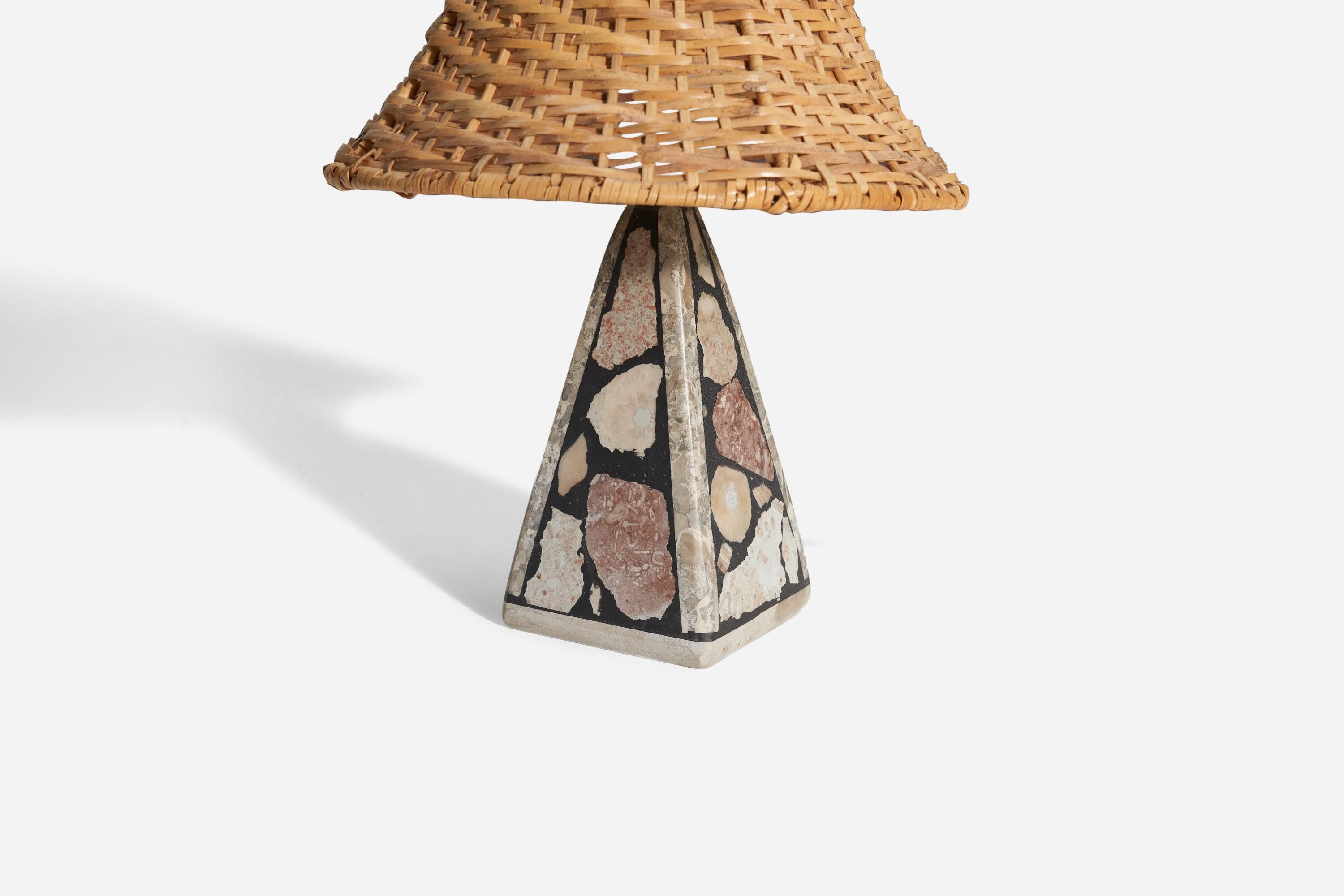 Late 20th Century Swedish Designer, Small Table Lamp, Fossil Stone, Rattan, Sweden, 1970s For Sale