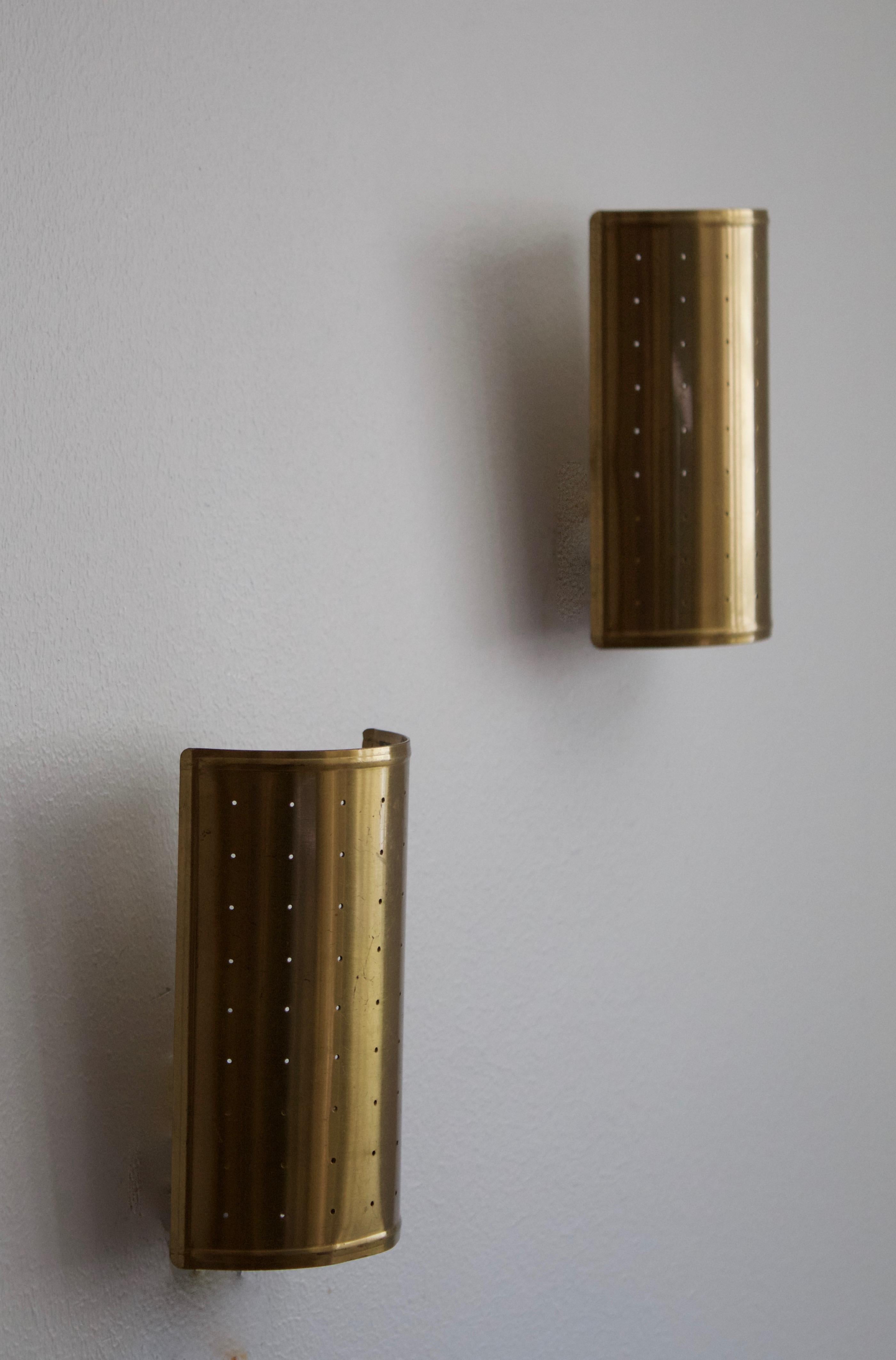 Mid-Century Modern Swedish Designer, Small Wall Lights / Sconces, Perforated Brass, Sweden, 1940s