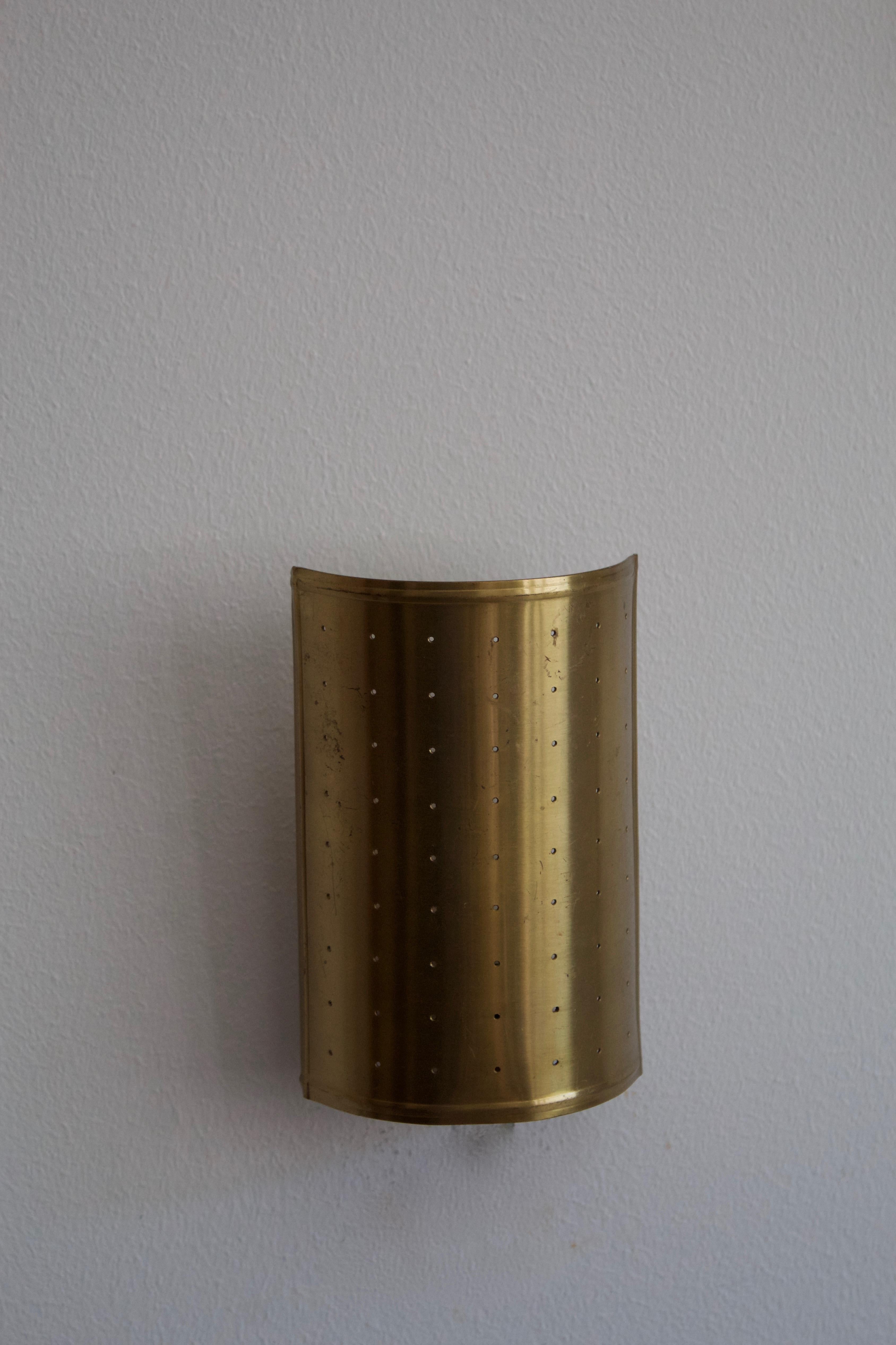 Swedish Designer, Small Wall Lights / Sconces, Perforated Brass, Sweden, 1940s In Good Condition In High Point, NC