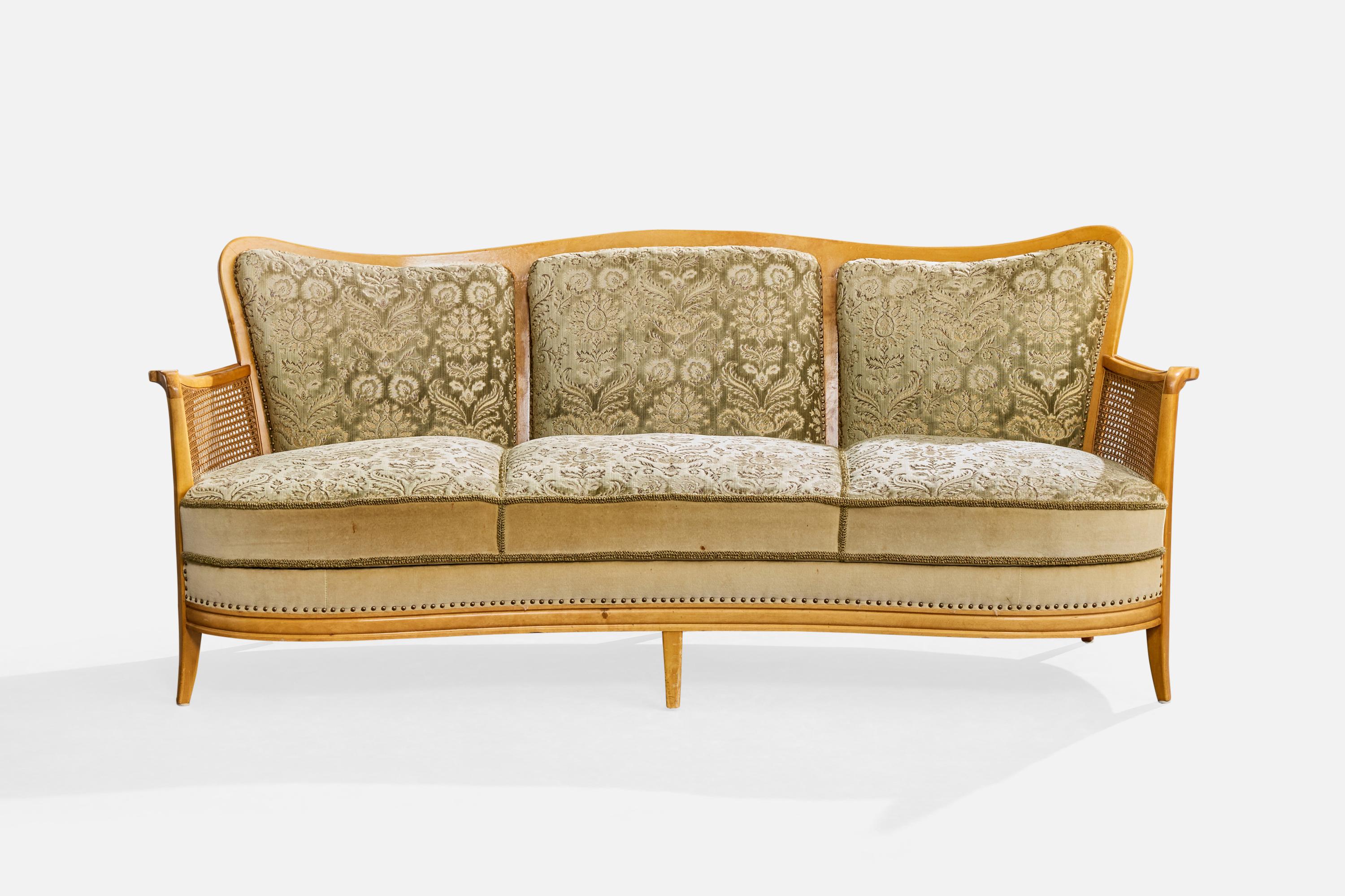 Scandinave moderne Swedish Designer, Sofa, Birch, Fabric, Cane, Sweden, 1930s en vente