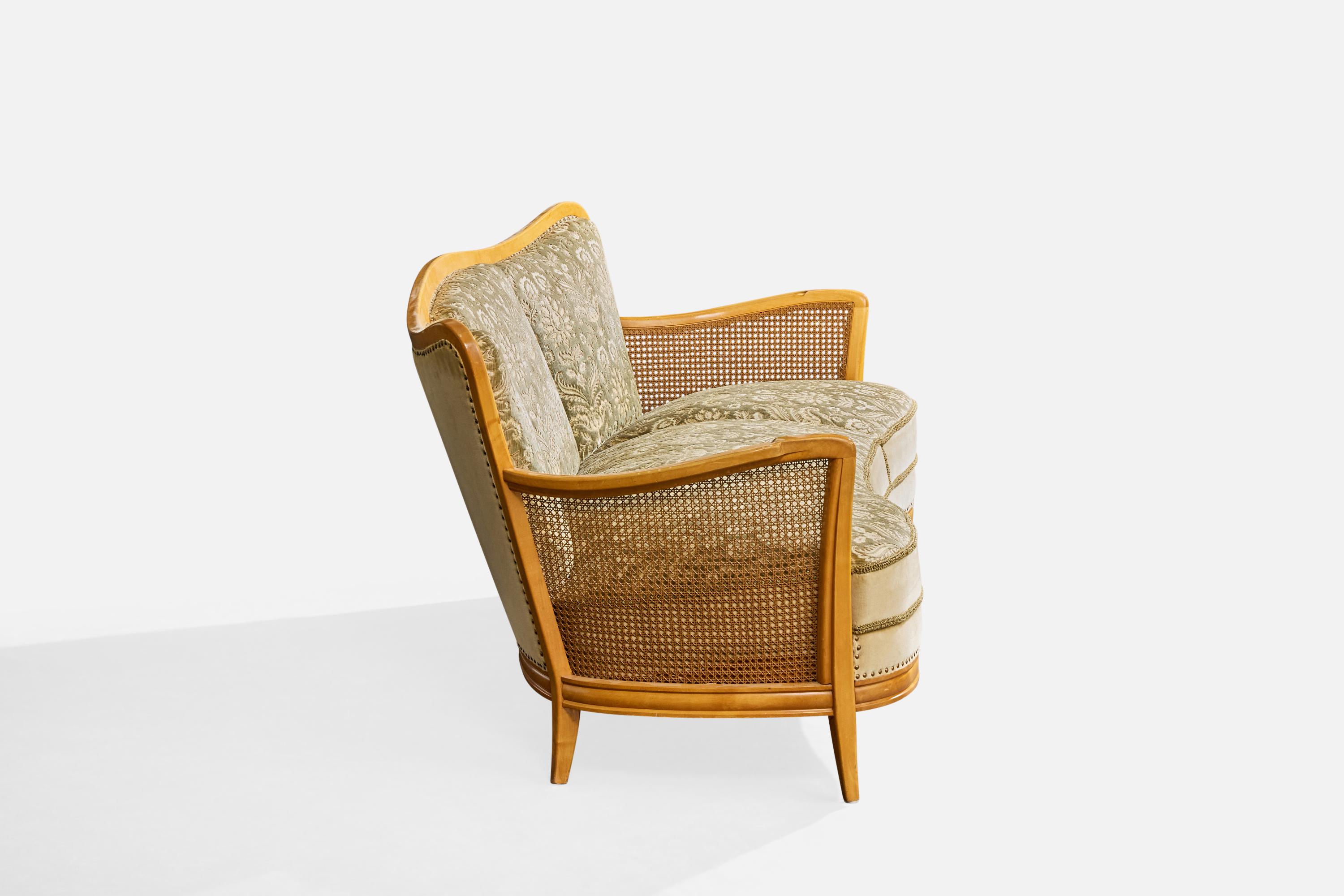 Suédois Swedish Designer, Sofa, Birch, Fabric, Cane, Sweden, 1930s en vente