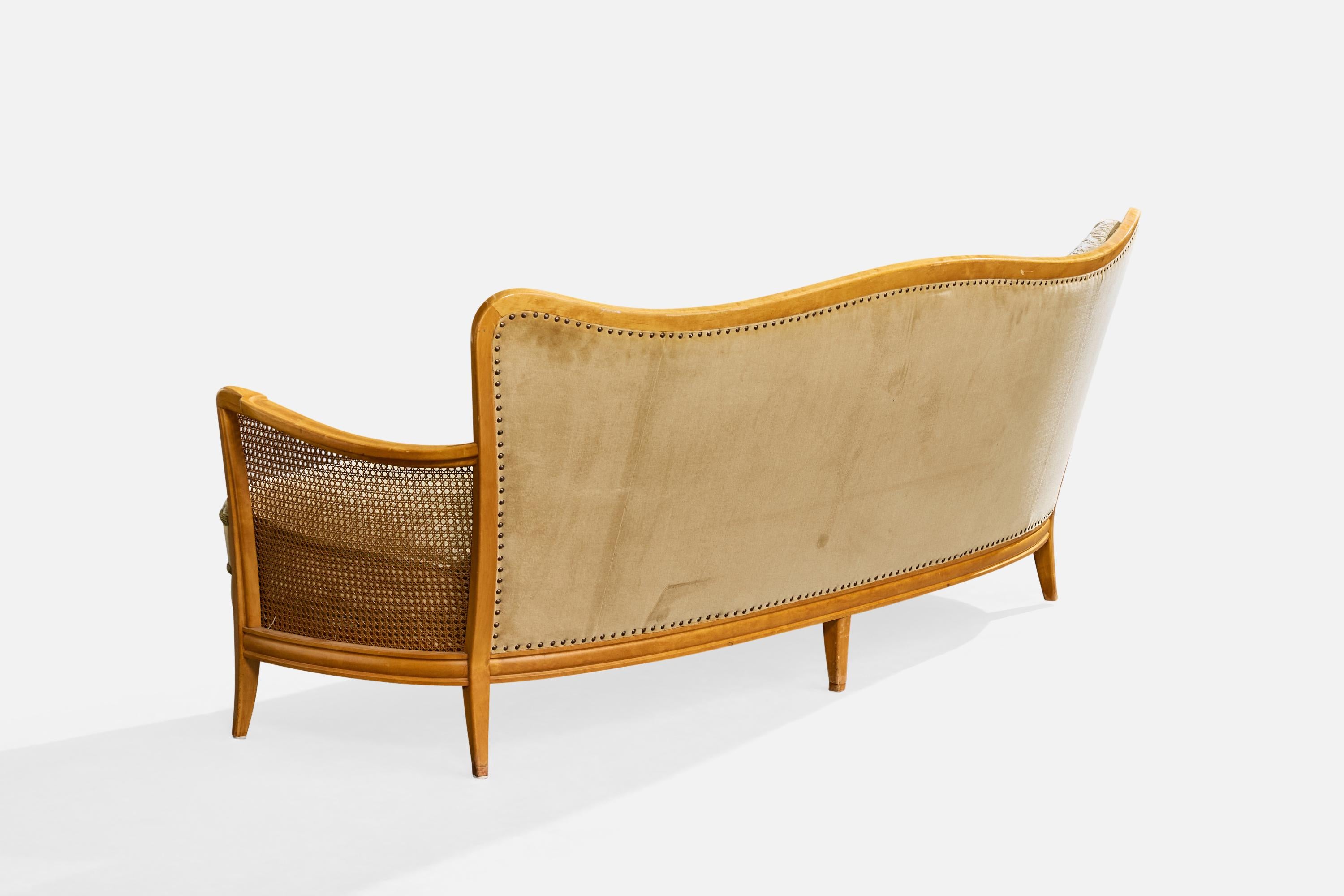 Milieu du XXe siècle Swedish Designer, Sofa, Birch, Fabric, Cane, Sweden, 1930s en vente