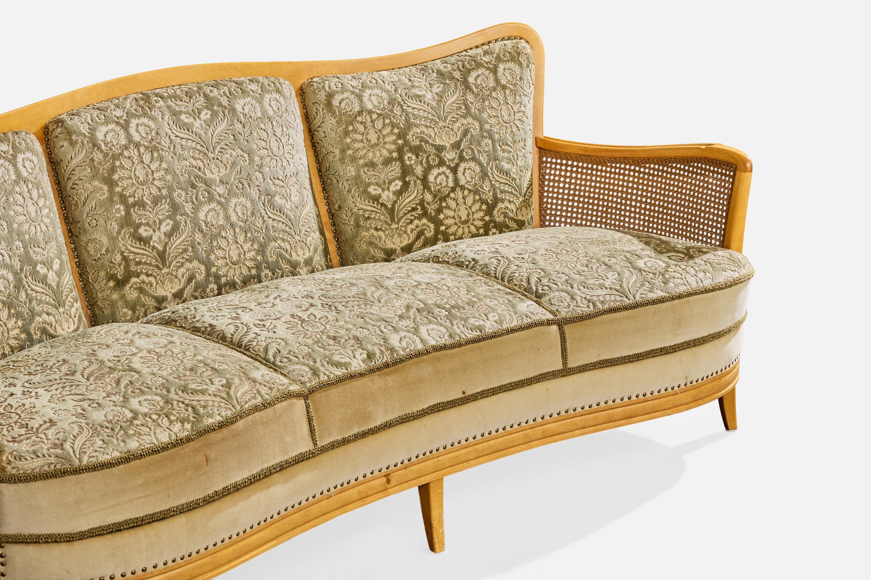 Tissu Swedish Designer, Sofa, Birch, Fabric, Cane, Sweden, 1930s en vente