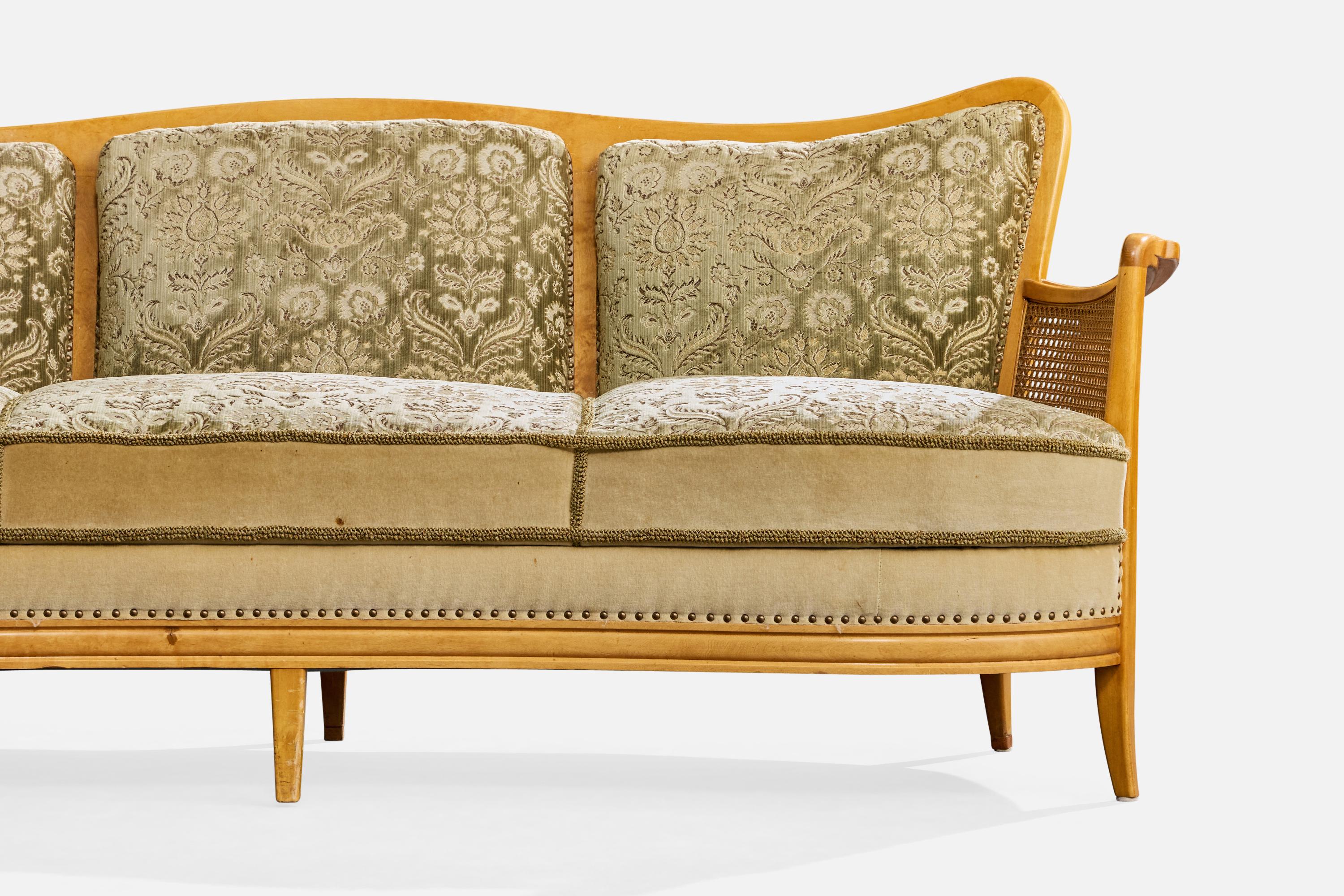 Swedish Designer, Sofa, Birch, Fabric, Cane, Sweden, 1930s en vente 1