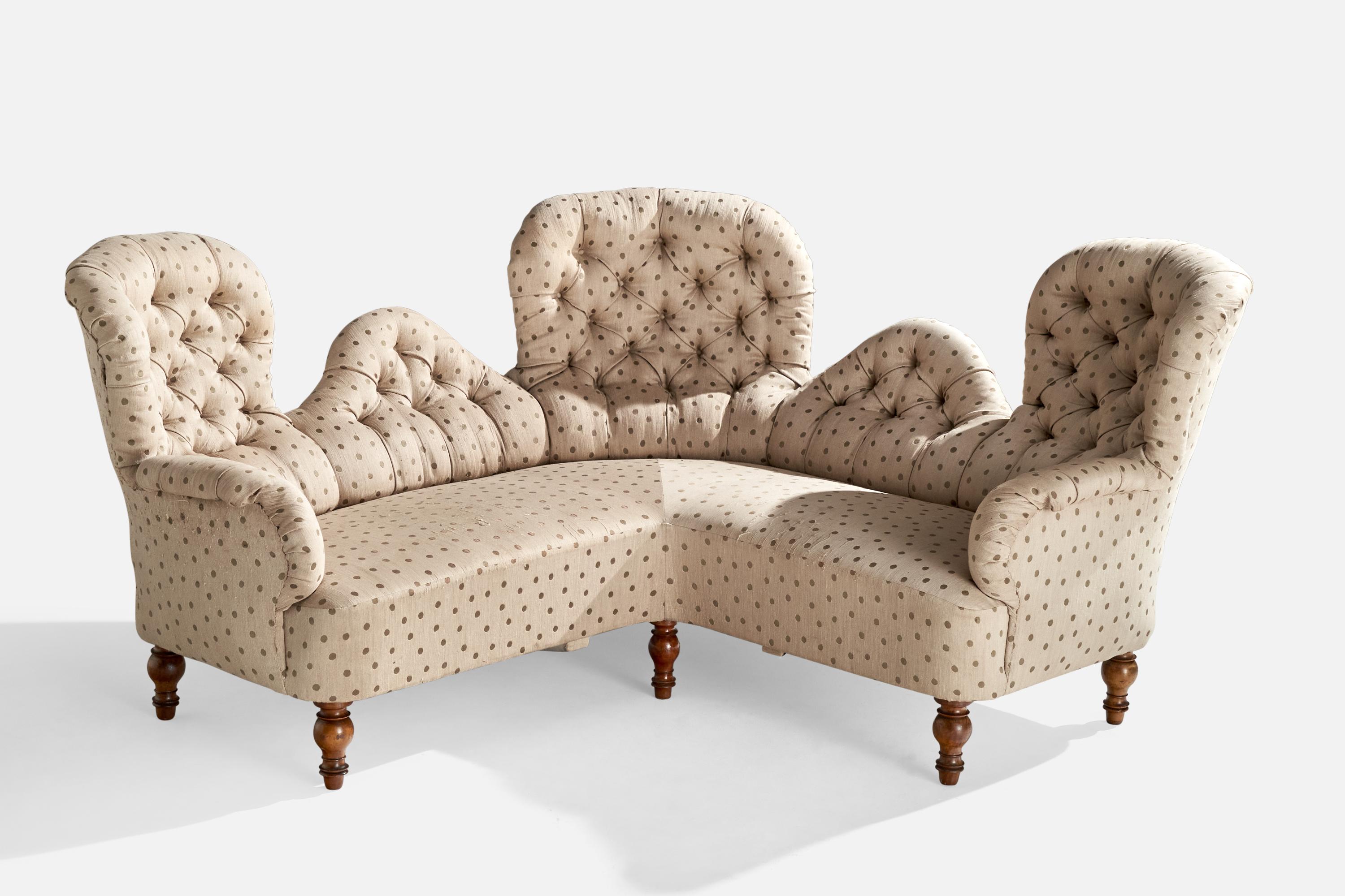 A birch and fabric sofa or corner sofa designed and produced in Sweden, c. 1900.

Vintage fabric in distressed condition ideally reupholstered.

Seat Height: 17