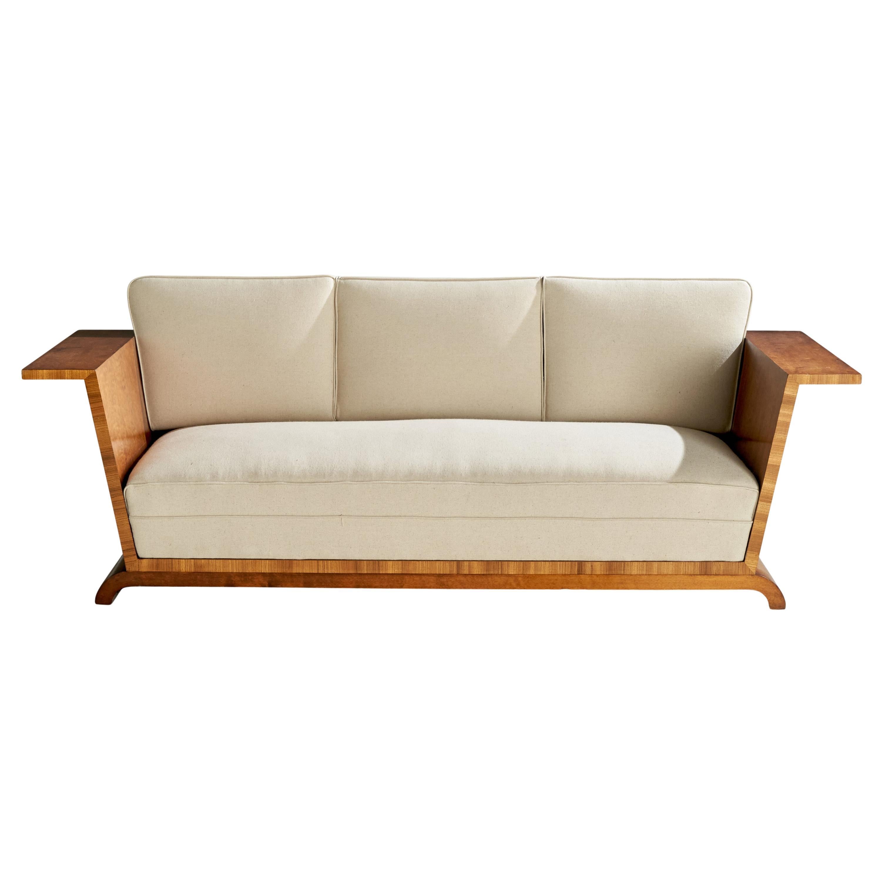 Swedish Designer, Sofa, Birch, Zebrawood, Fabric, Sweden, 1930s