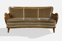 Swedish Designer, Sofa, Velvet, Birch, Cane, Sweden, 1930s