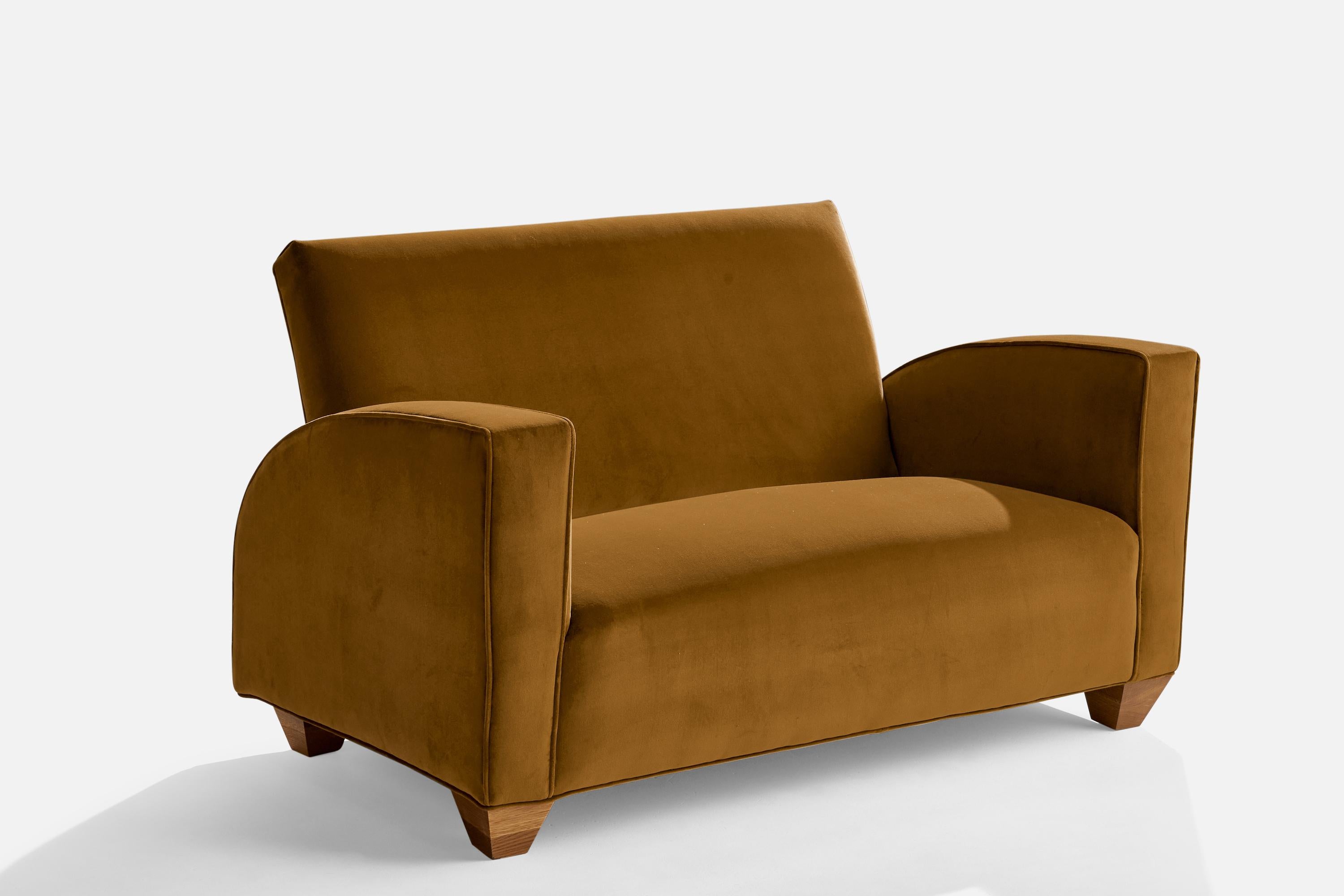 A small two-seat elm and beige brown velvet sofa designed and produced in Sweden, 1930s.

Seat height 17”